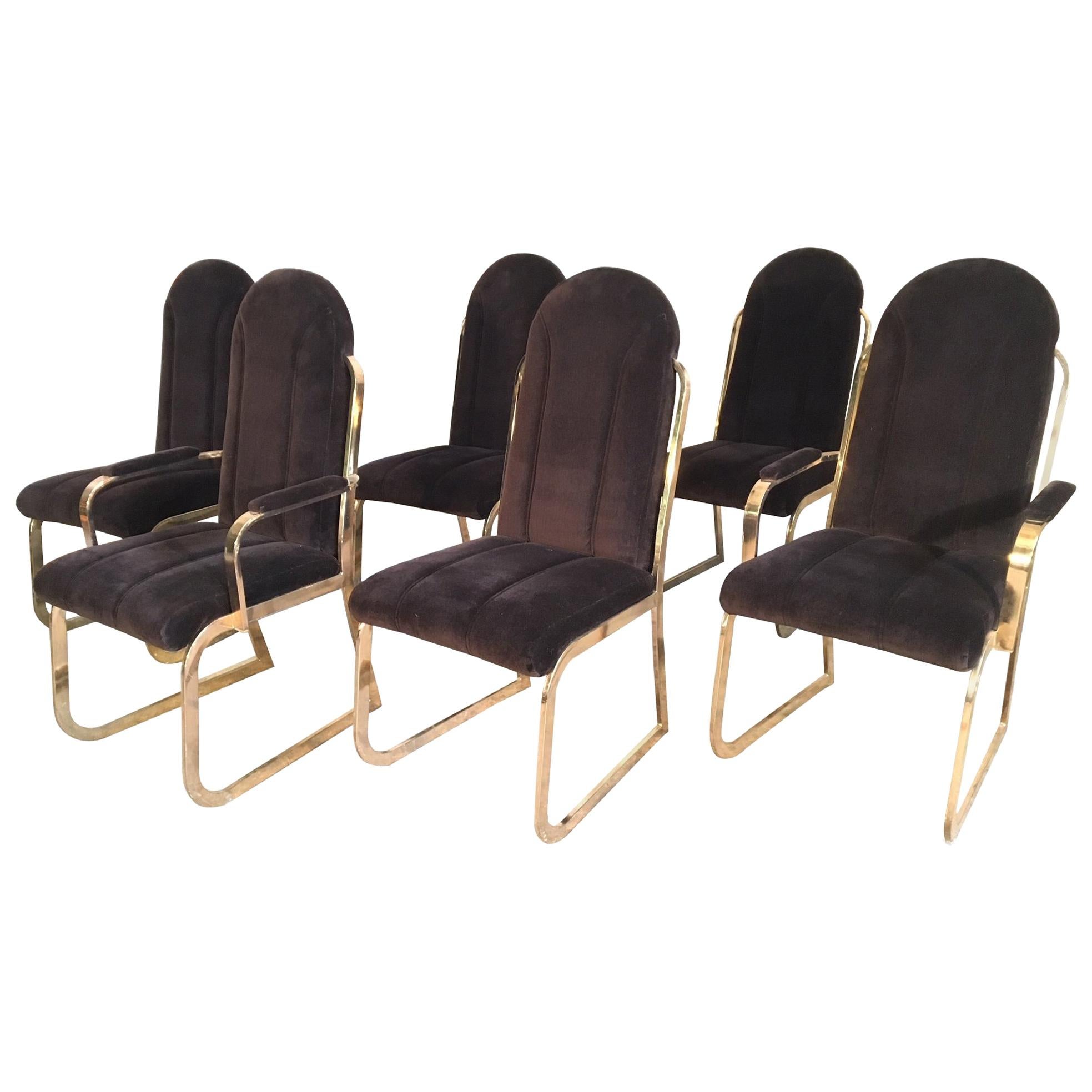 Set of Six Hollywood Regency Velvet and Brass Dining Chairs For Sale