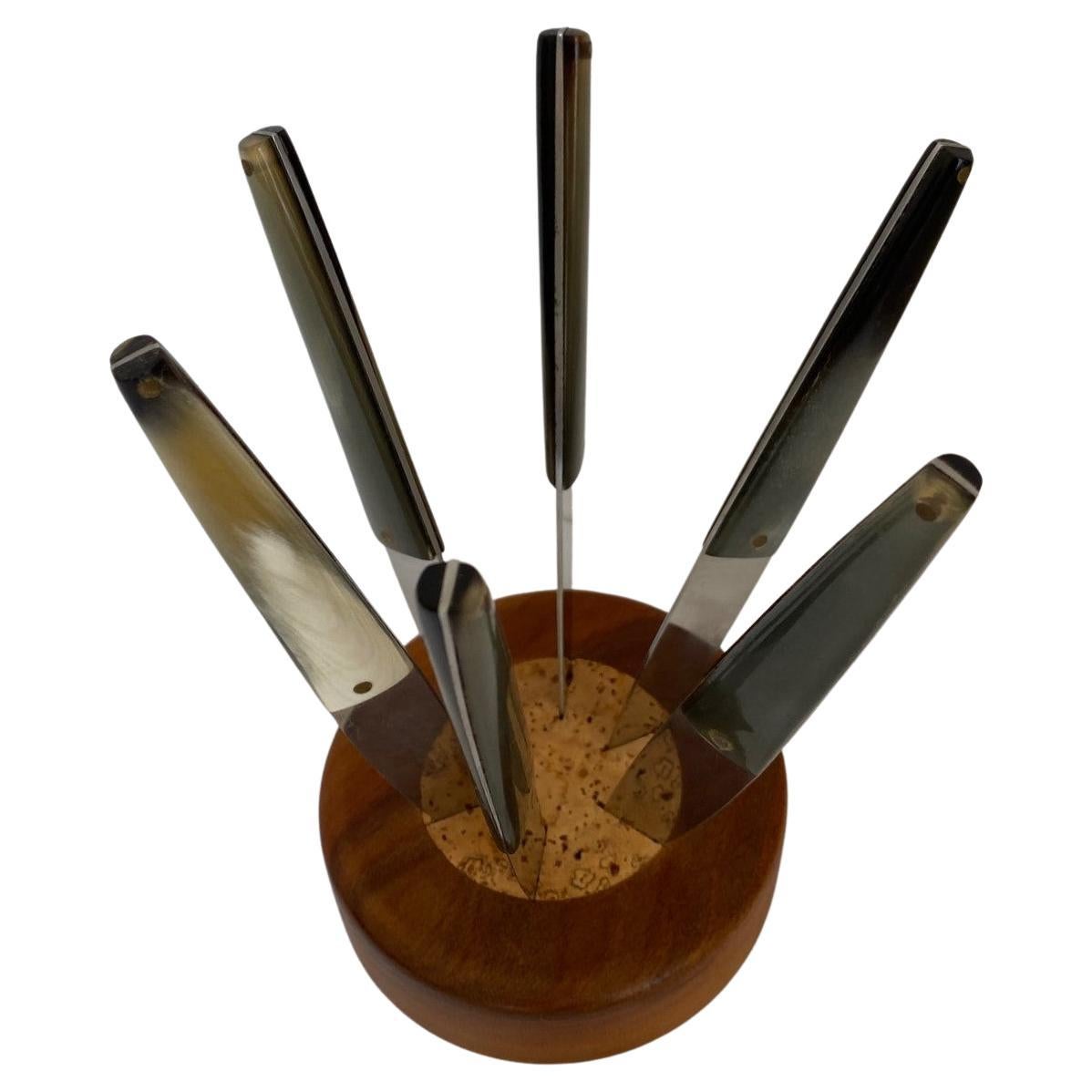 Set of Six Horn and Nutwood Fruit Knives by Carl Auböck For Sale