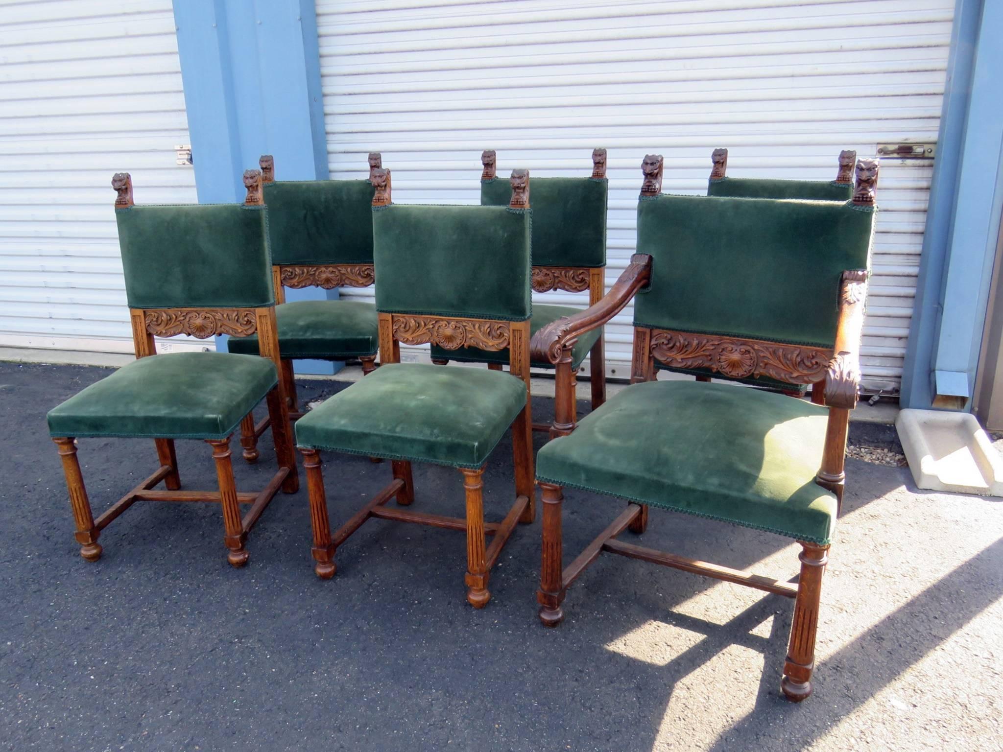 Set of six Horner style carved dining chairs with upholstered seats and backs. Five side chairs measure: 41