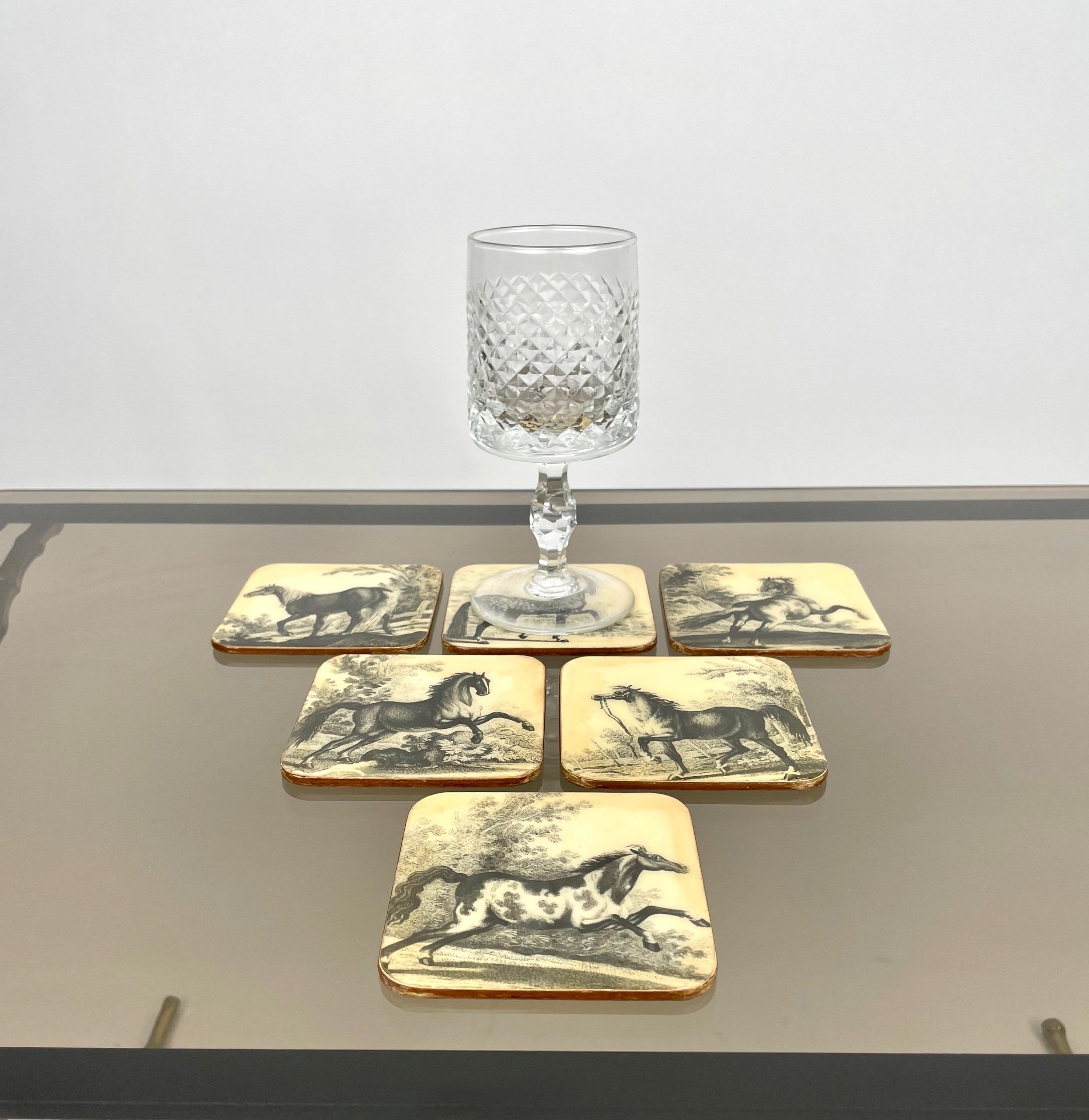 Set of Six Horse Coasters in Lacquered Wood, Italy, 1950s For Sale 1