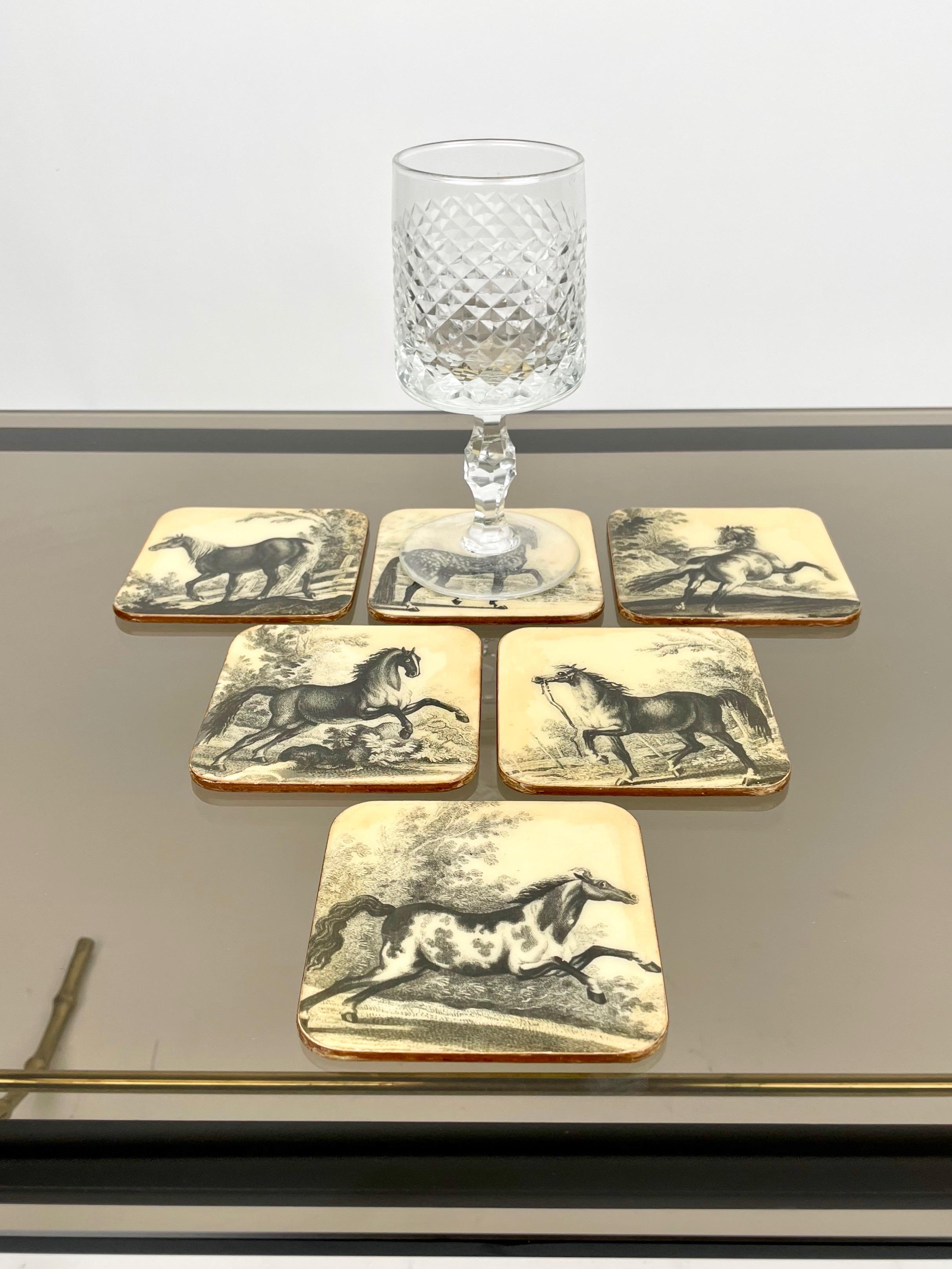 Set of Six Horse Coasters in Lacquered Wood, Italy, 1950s For Sale 2