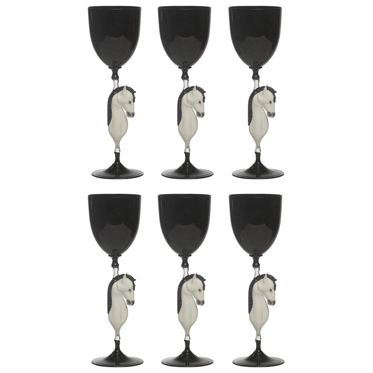 Set of Six Horse Murano Wine Glasses #1 For Sale