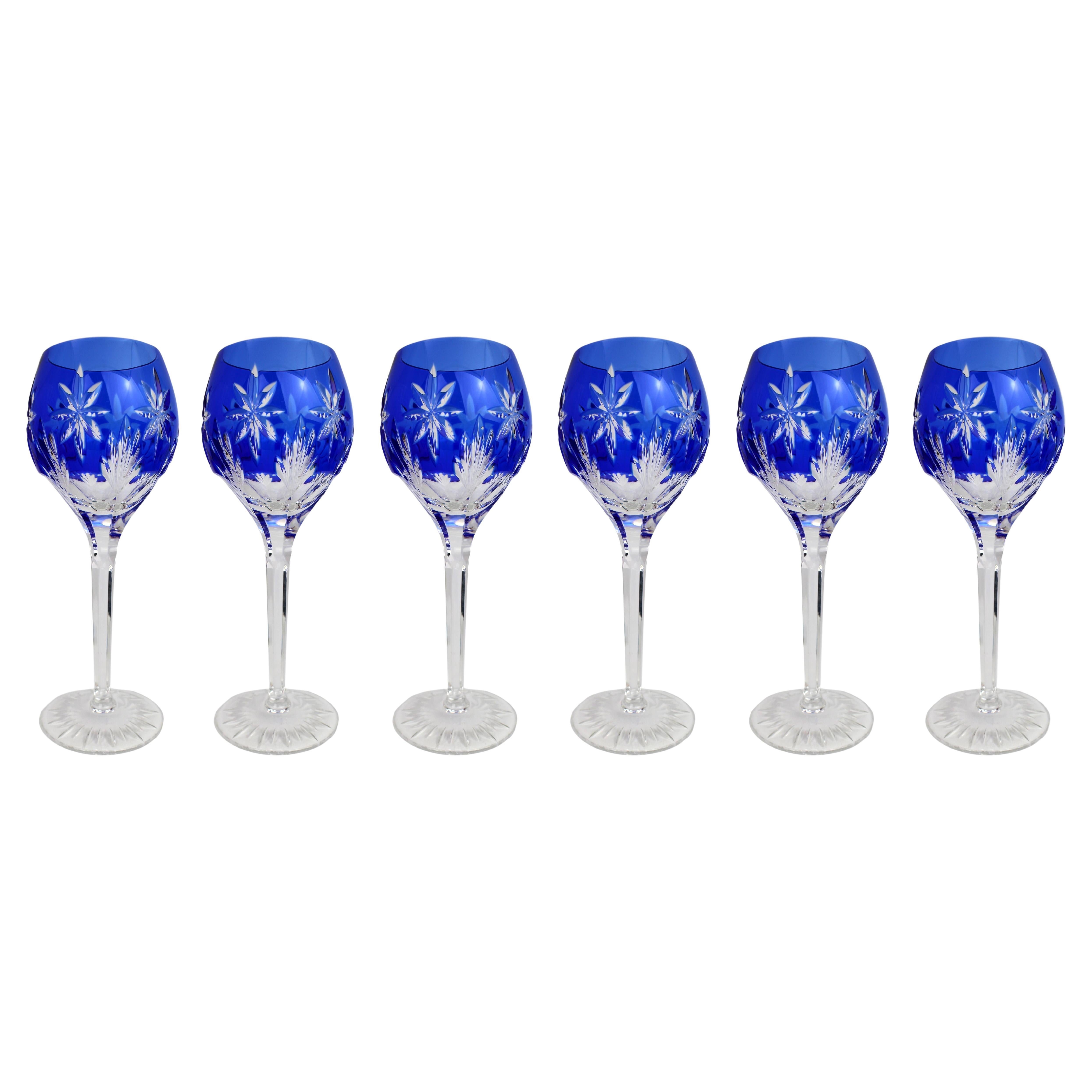 Set of Six Horst Belda Blue Overlay Cut Crystal Wine Glasses, Germany, c. 1980s