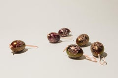 Juego de seis huevos de gallina decorados en húngaro, esmalte eozin y motivos rayados