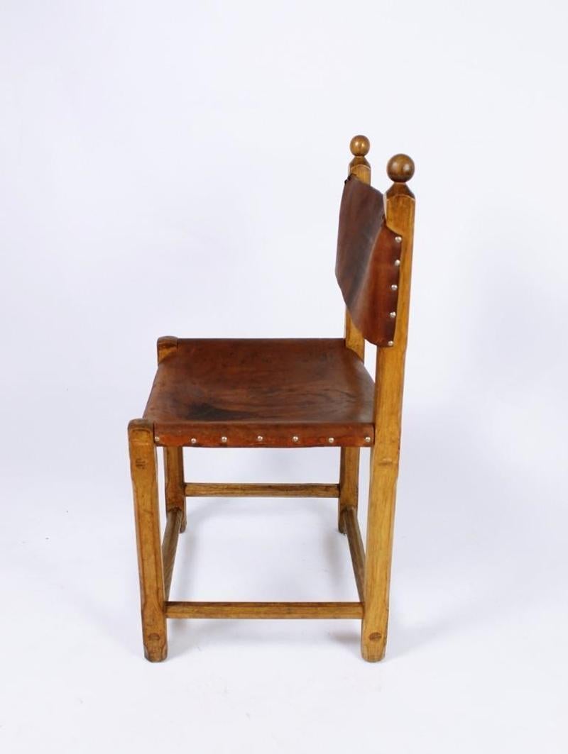 Hand-Crafted Set of Six Hungarian Folk Art Rustic Carved Oak and Leather Dining Chairs For Sale