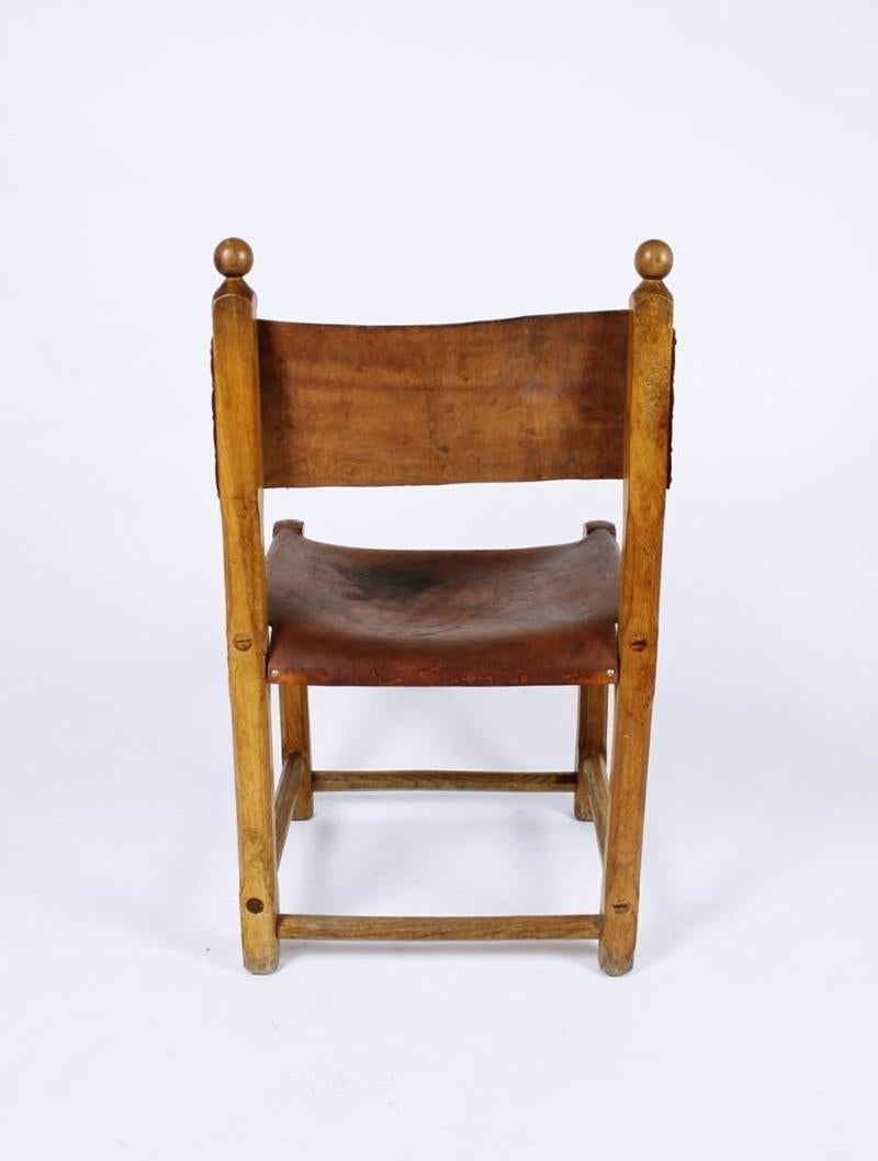 20th Century Set of Six Hungarian Folk Art Rustic Carved Oak and Leather Dining Chairs For Sale
