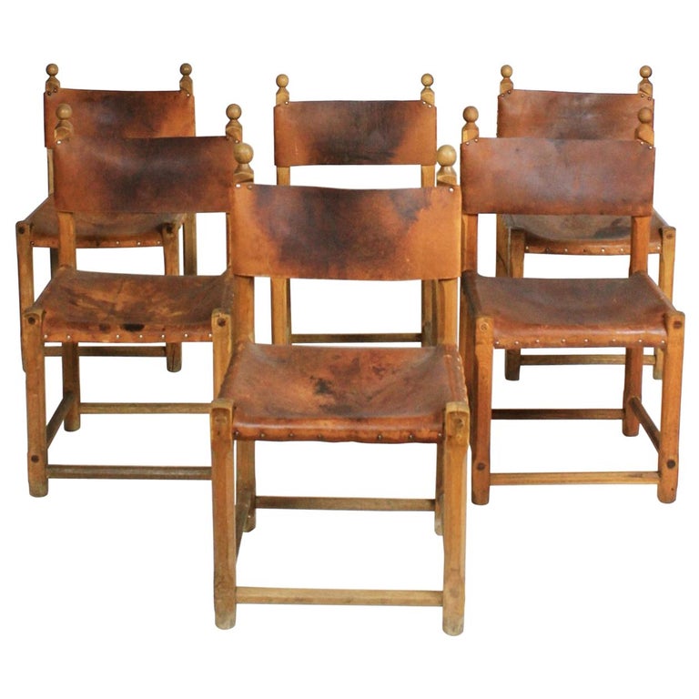 Set Of Six Hungarian Folk Art Rustic, Rustic Leather Dining Chairs