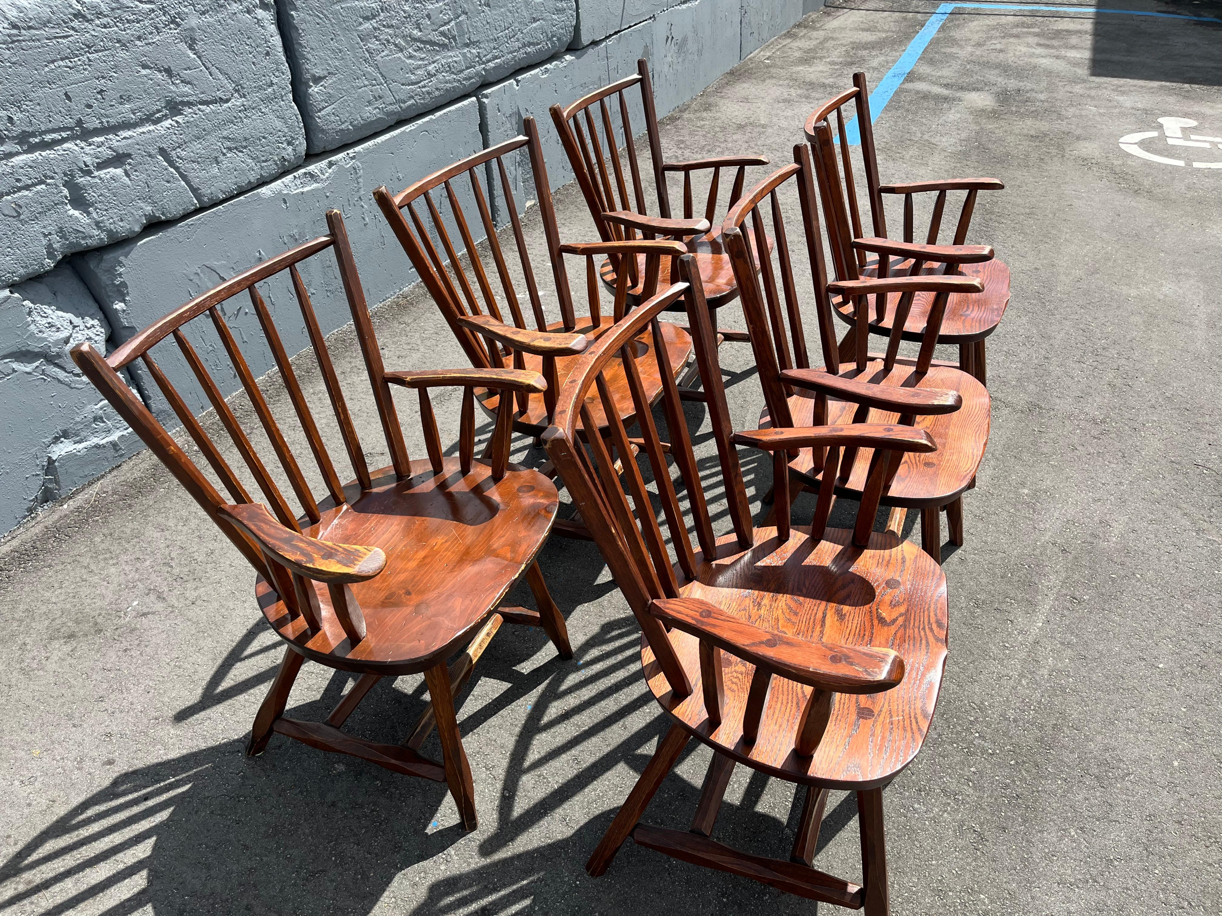 Set of Six Hunt Country Furniture Arm Chairs, Pine, Oak, Made in NY. Very sturdy, will last forever.