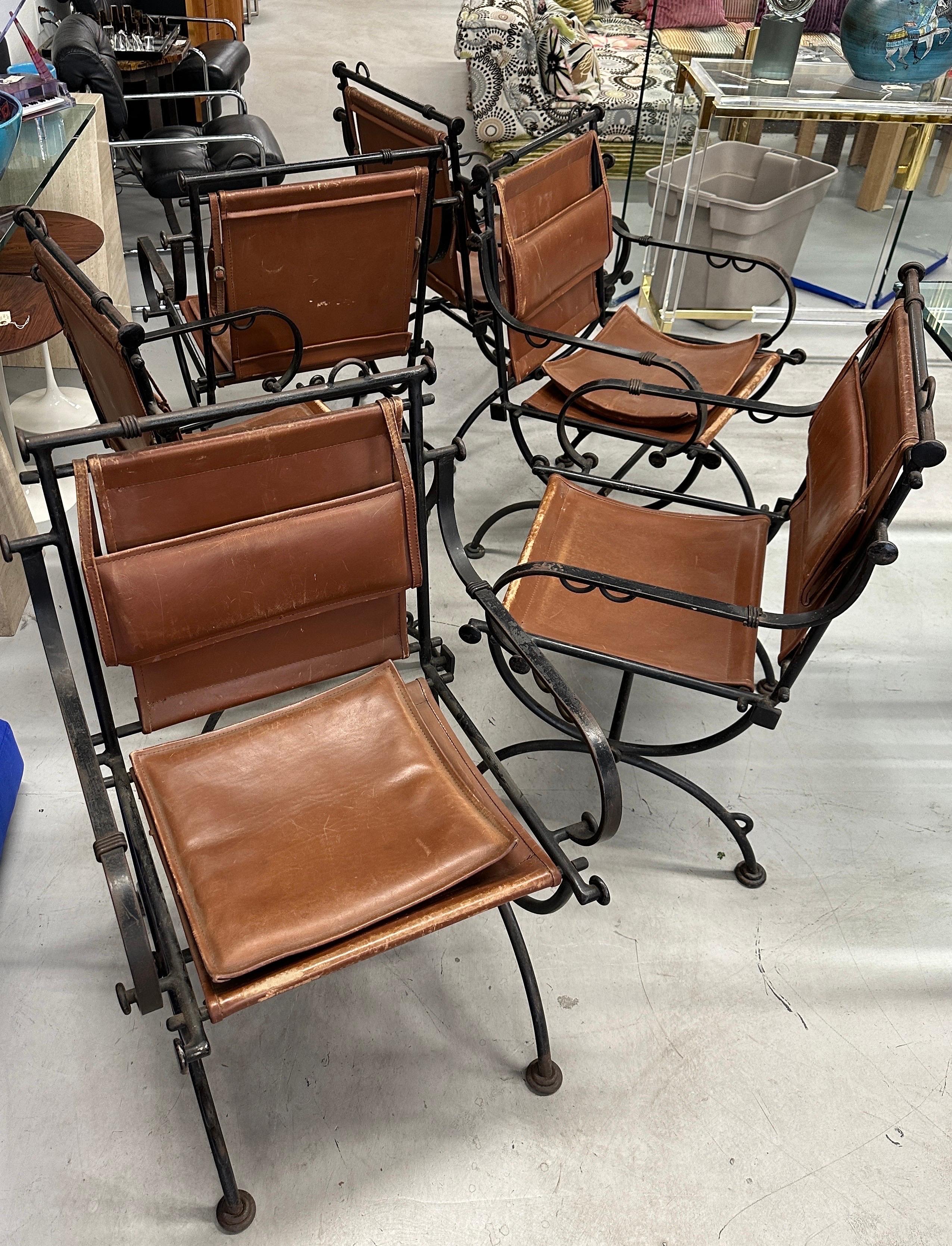 Set of Six Ilana Goor Iron & Leather Dining Chairs In Good Condition For Sale In Palm Springs, CA