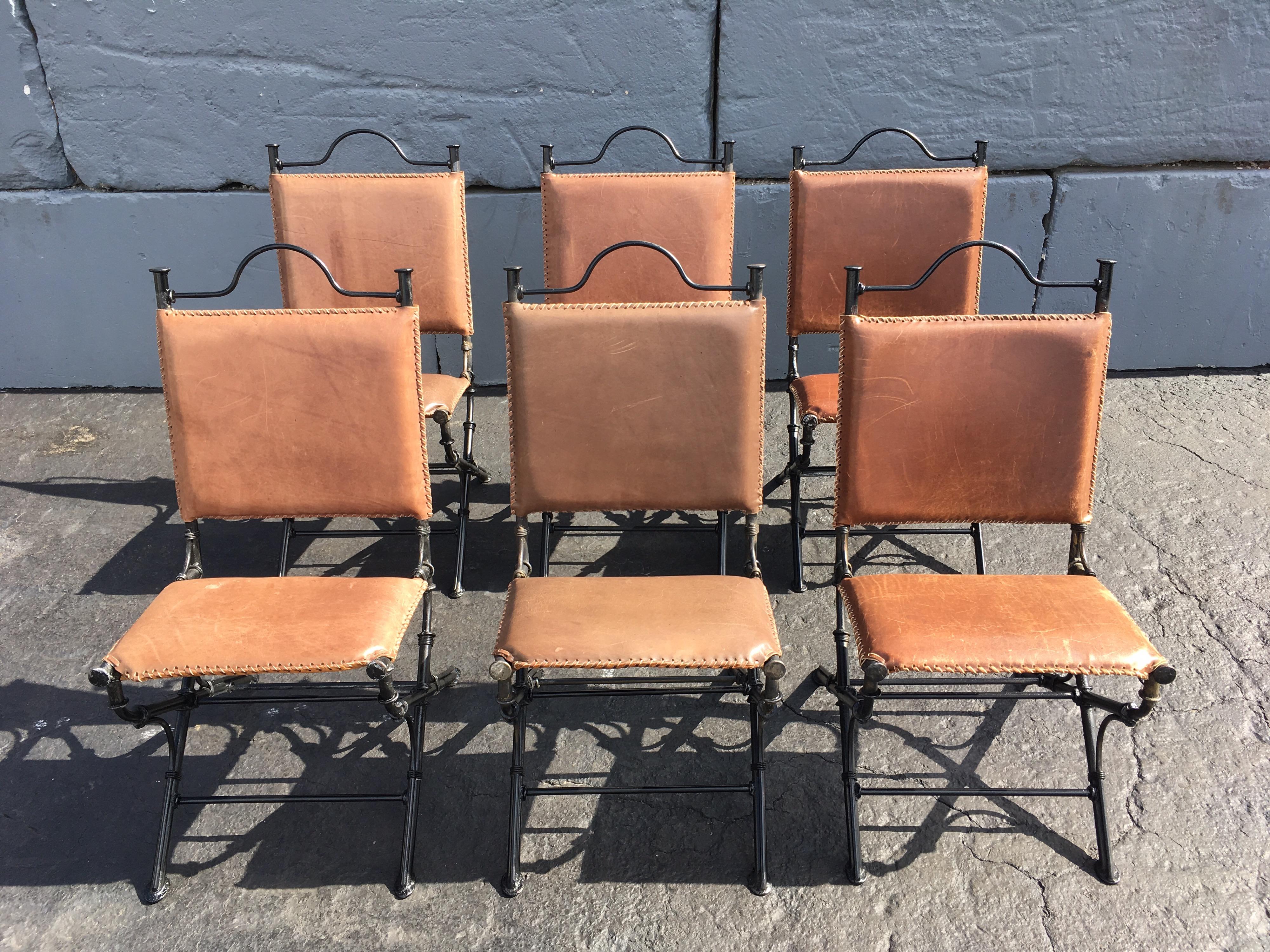 Set of Six Ilana Goor Leather and Iron Dining Chairs In Good Condition For Sale In Miami, FL
