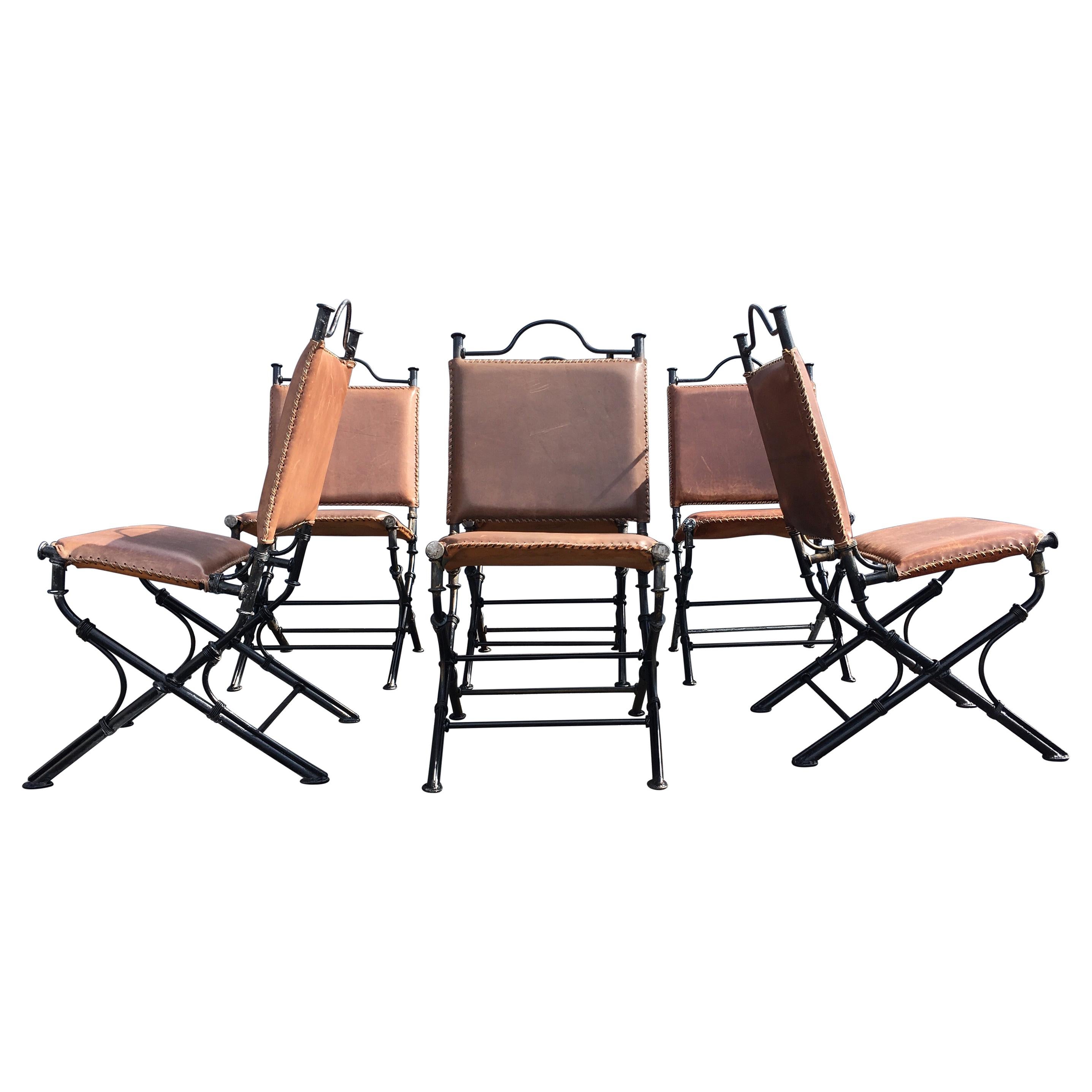 Set of Six Ilana Goor Leather and Iron Dining Chairs