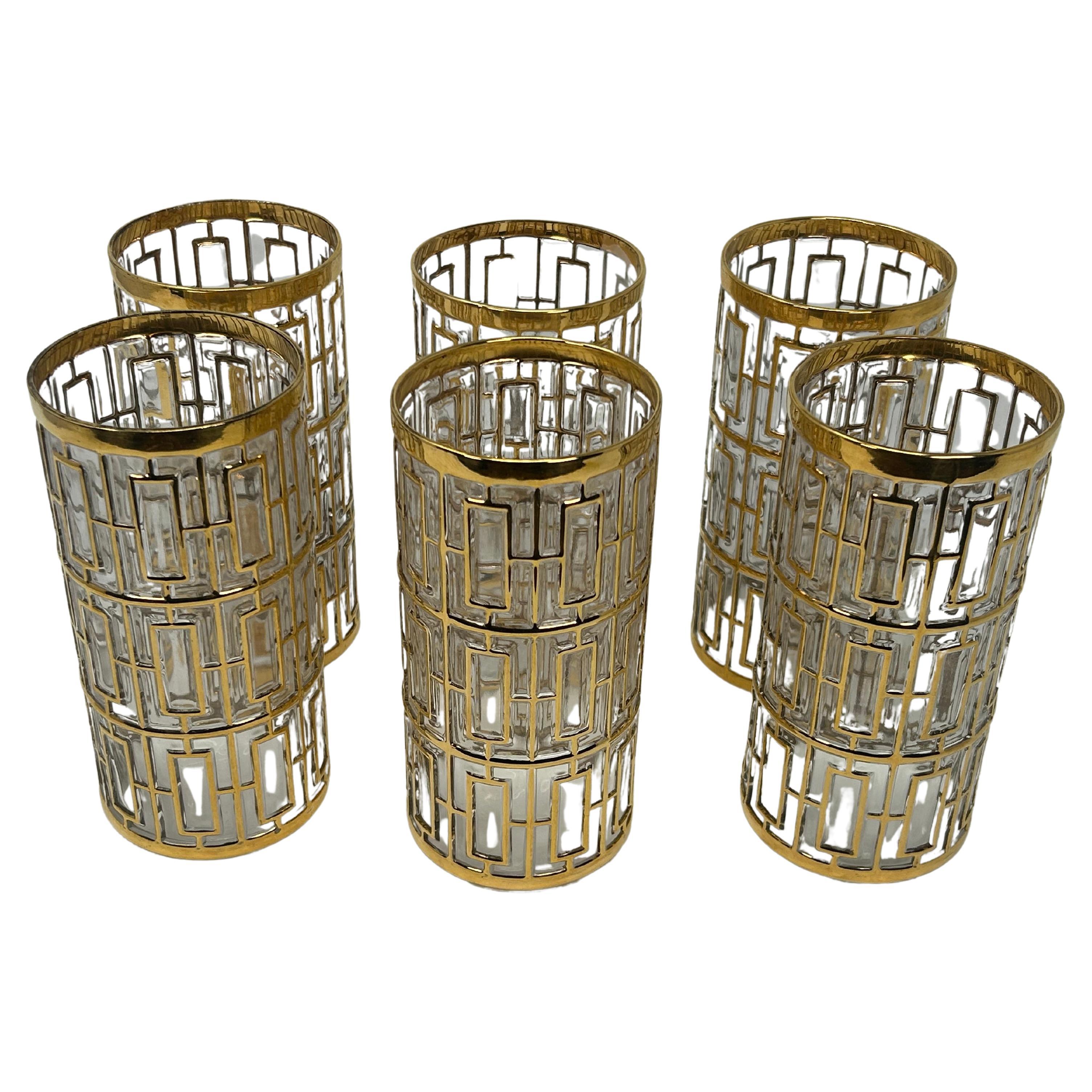 Sechser-Set Imperial Glass Highball-Gläser mit 22k Gold im "Shoji"-Muster