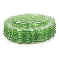 Set of Six Indiana Glass Loganberry Plates, Green Uranium Glass, 1930s