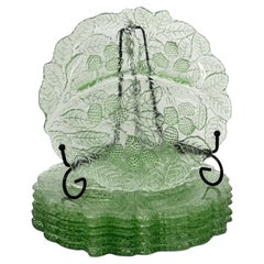 Set of Six Indiana Glass Loganberry Plates, Green Uranium Glass, 1930s