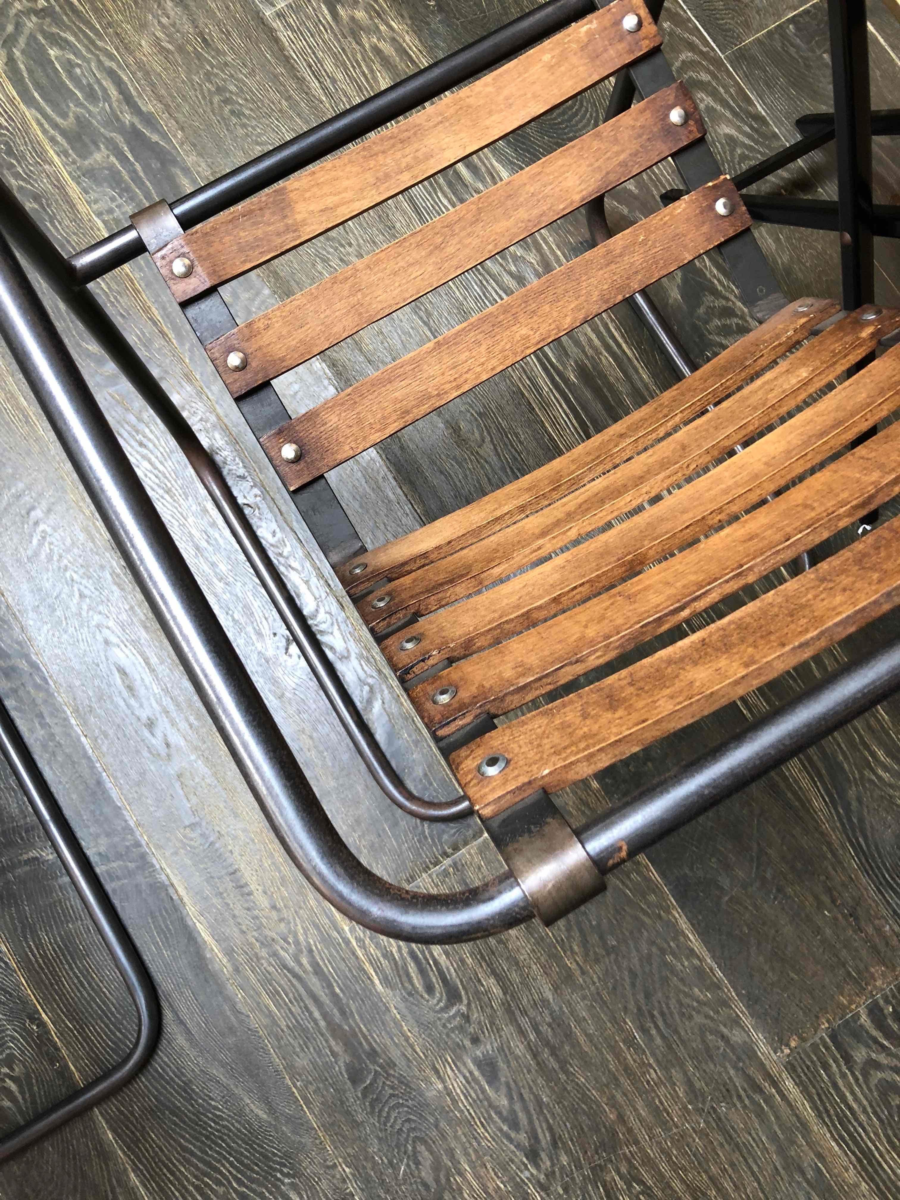 Set of Six Industrial Metal and Wood Chairs with Adjustable Seats 1