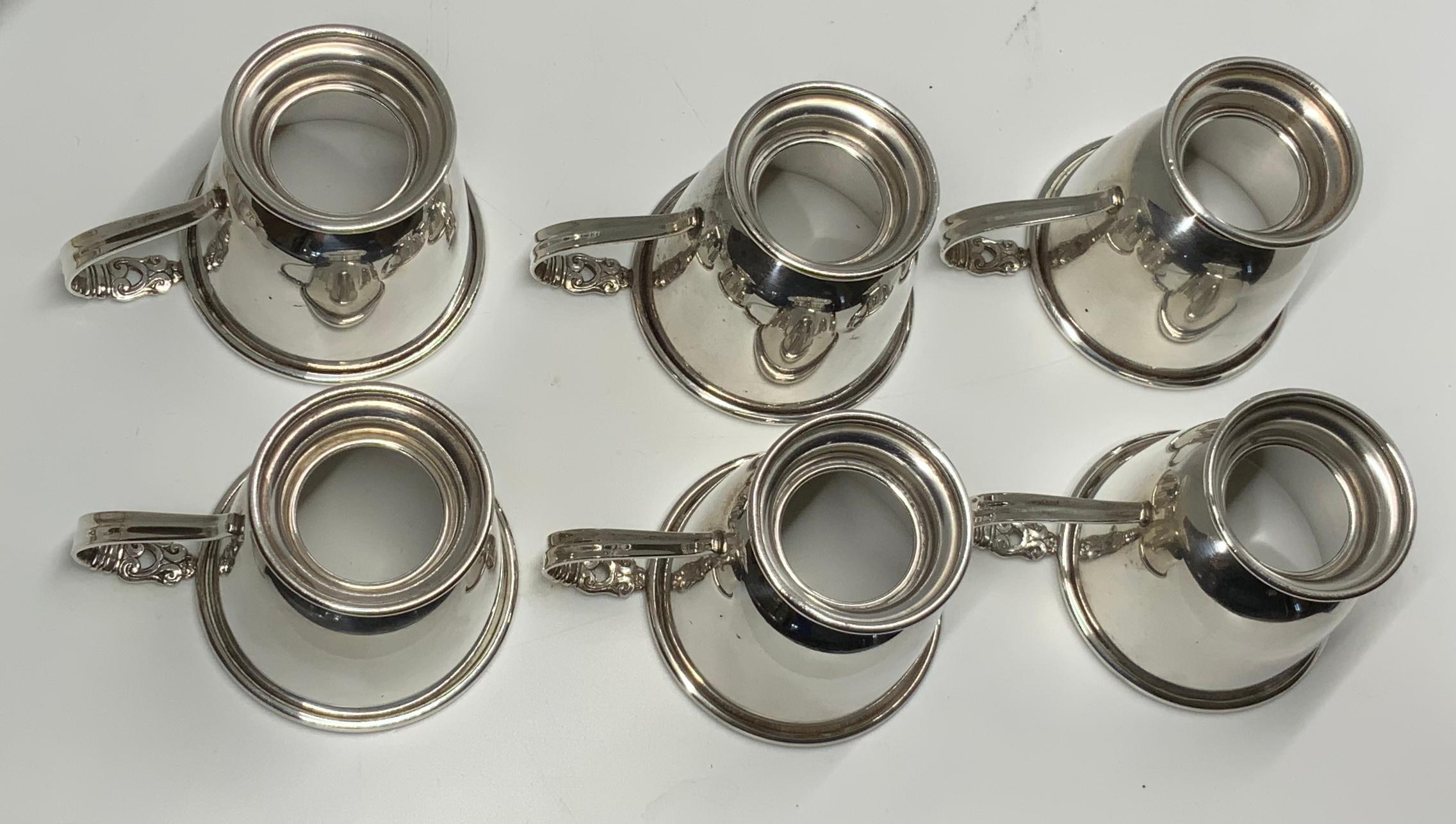 American Set of Six International Sterling Silver Cup Holders, Saucers and Lenox Liners