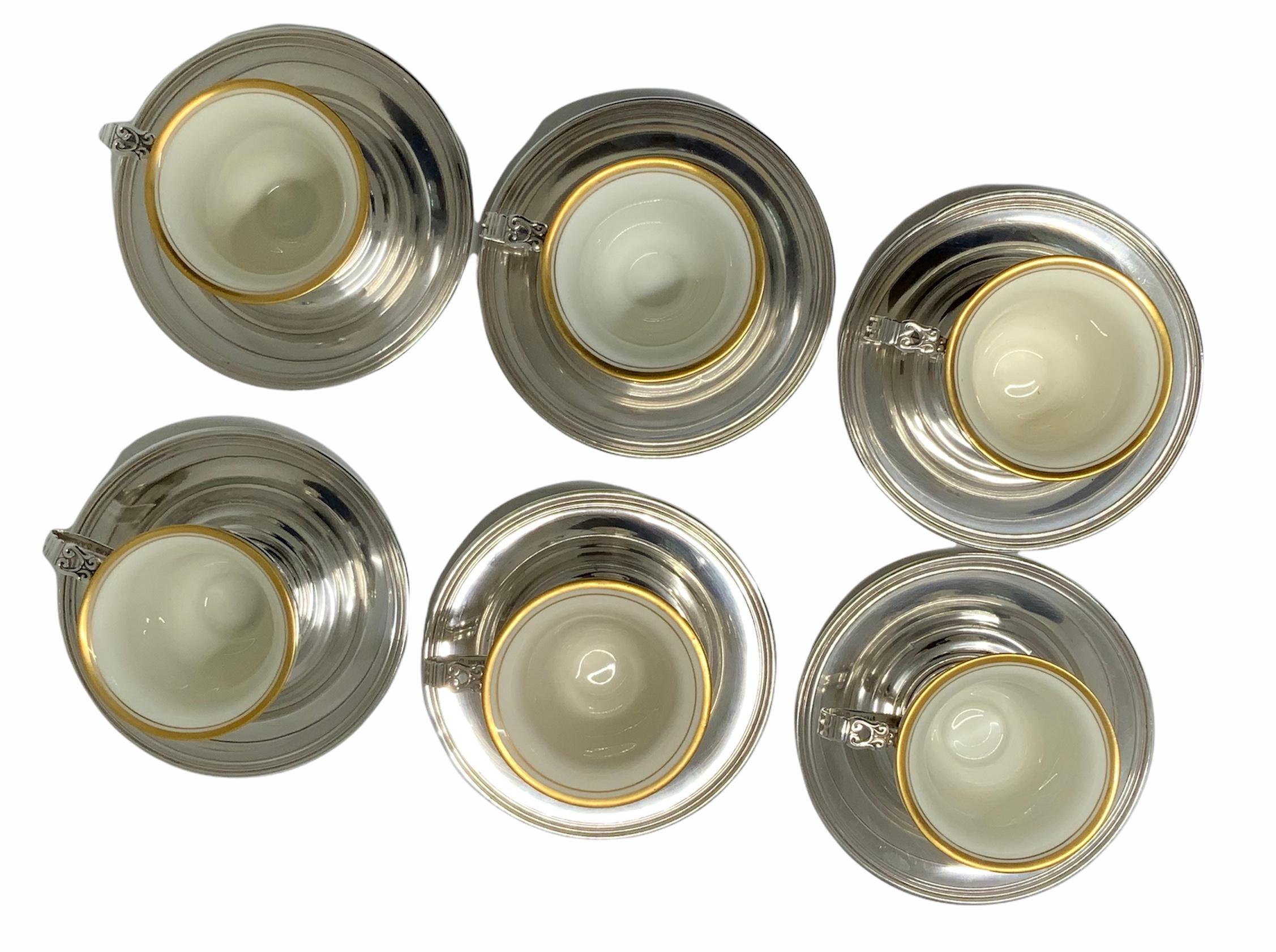 Molded Set of Six International Sterling Silver Cup Holders, Saucers and Lenox Liners