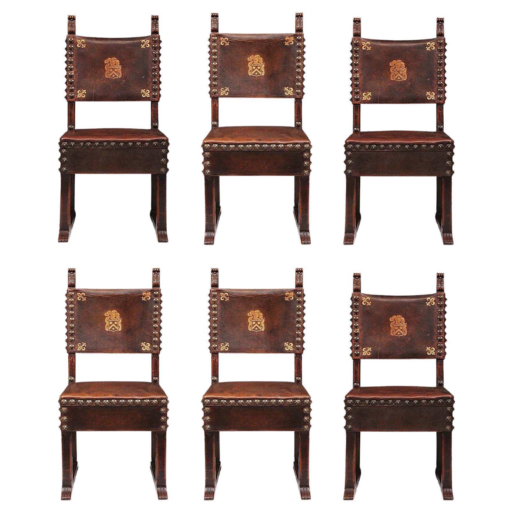 Set of Six Italian 18th Century Walnut and Leather Side Chairs