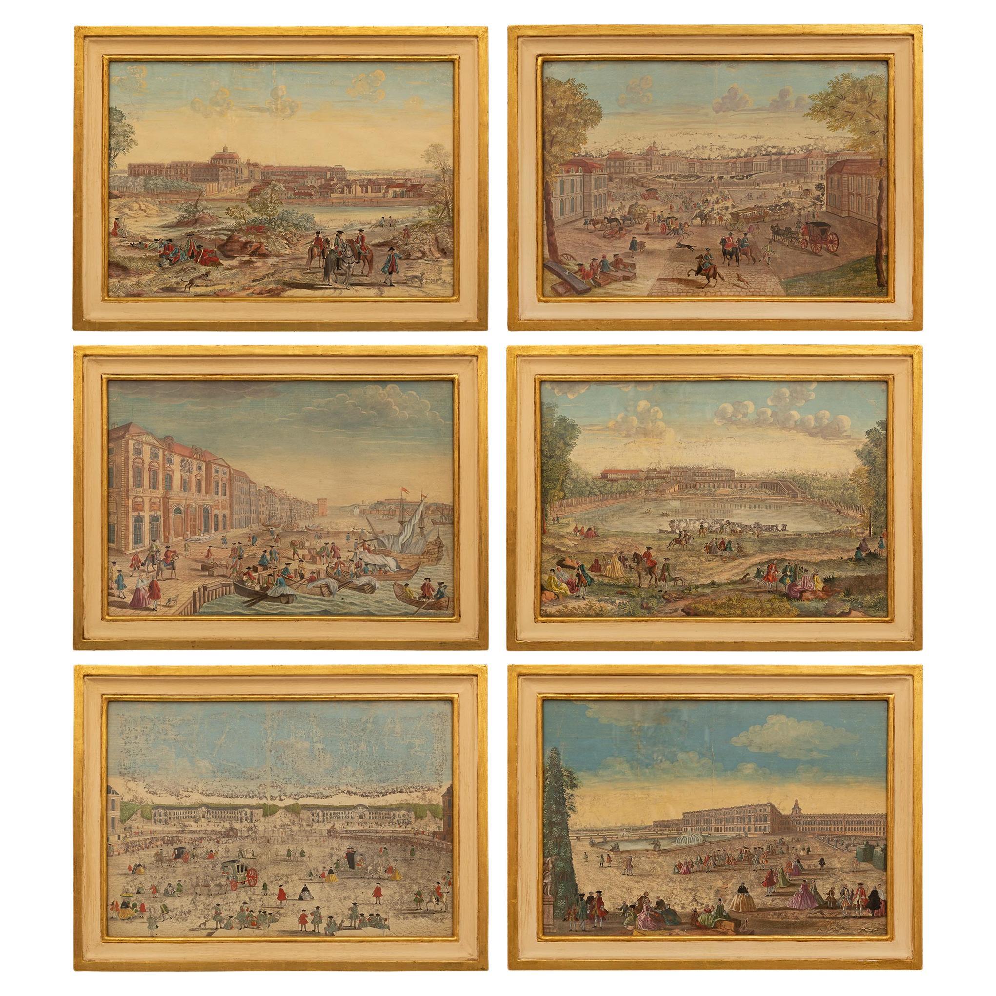 Set von sechs italienischen Aquarellgemälden aus dem 18. Jahrhundert in ihren Originalrahmen im Angebot