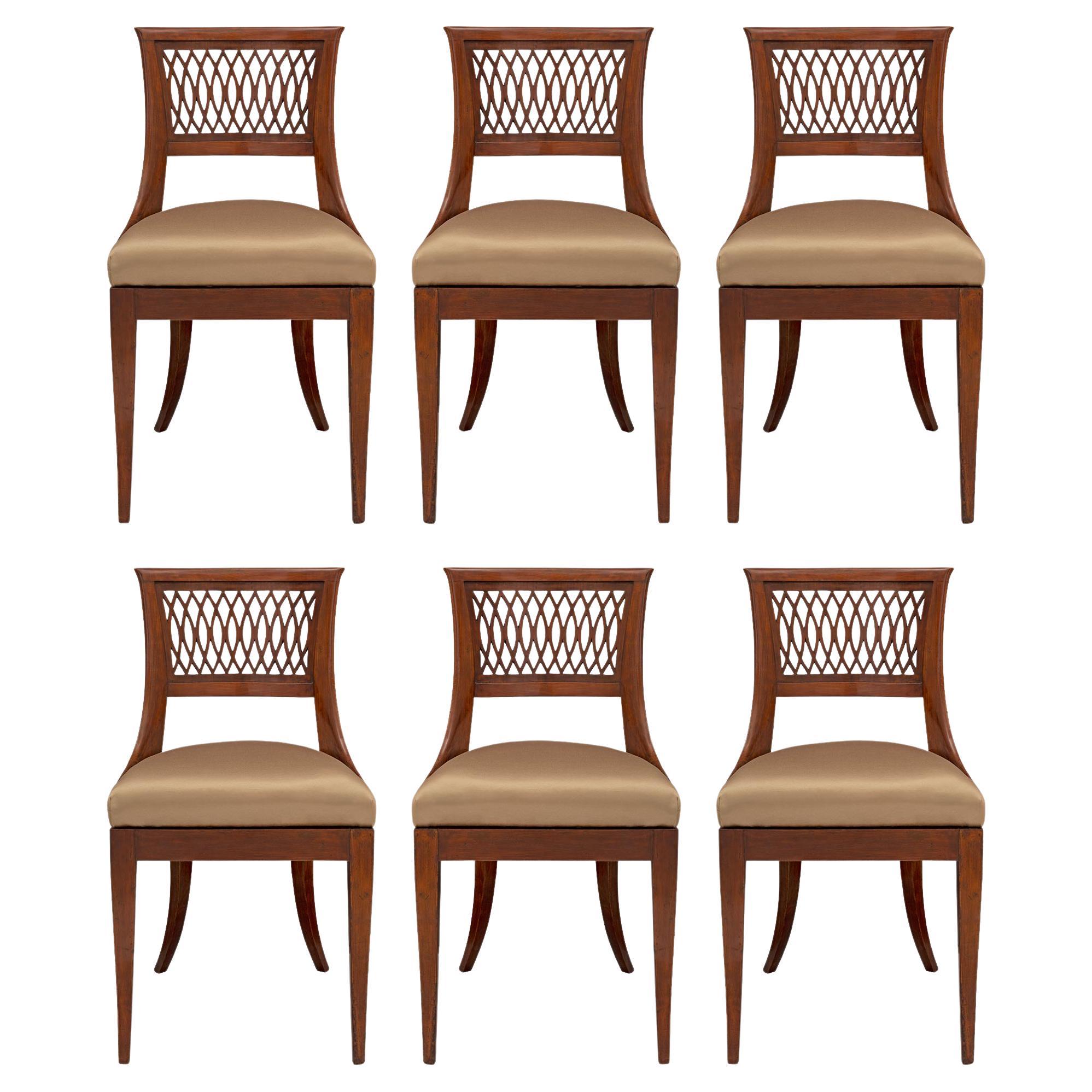 Set of Six Italian 19th Century Directoire Style Olive Wood Dining Chairs