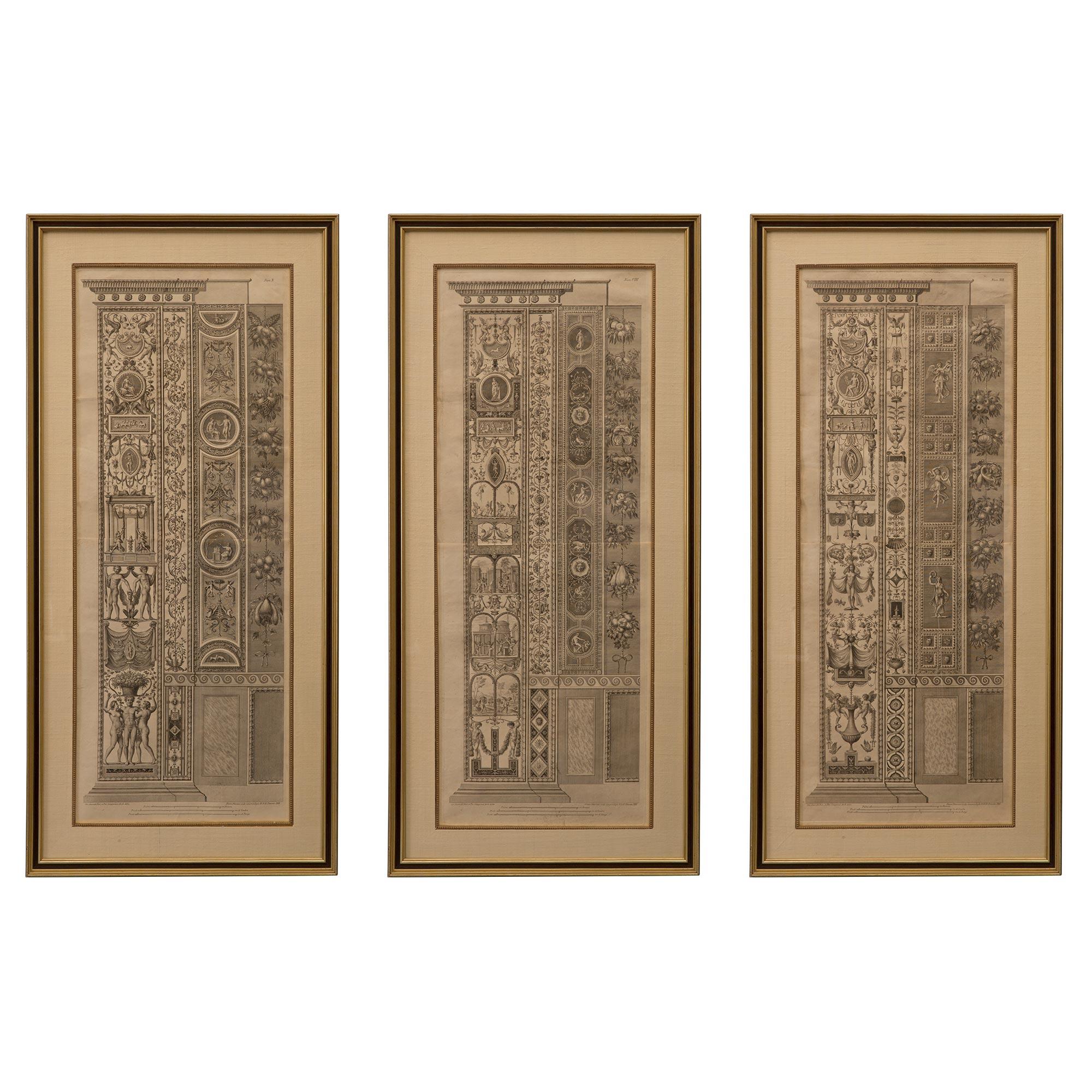 A striking set of six Italian early 19th century Neo-Classical st. architectural engravings after Giovanni Ottaviani. Each beautiful and most decorative rectangular engraving depicts lovely architectural scenes with charming and intricately detailed