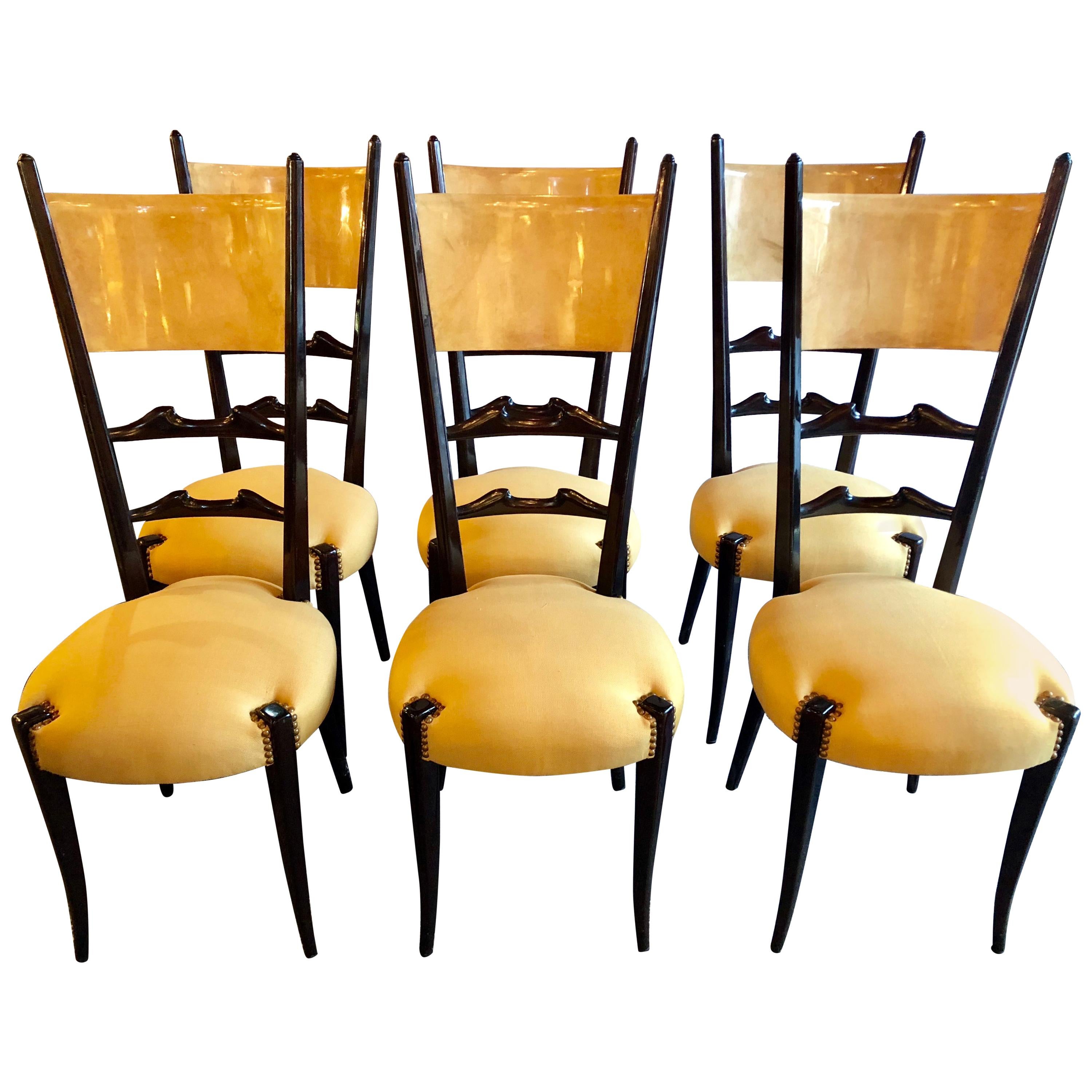 Set of Six Italian Aldo Tura Side Dining Chairs in Goatskin and Parchment