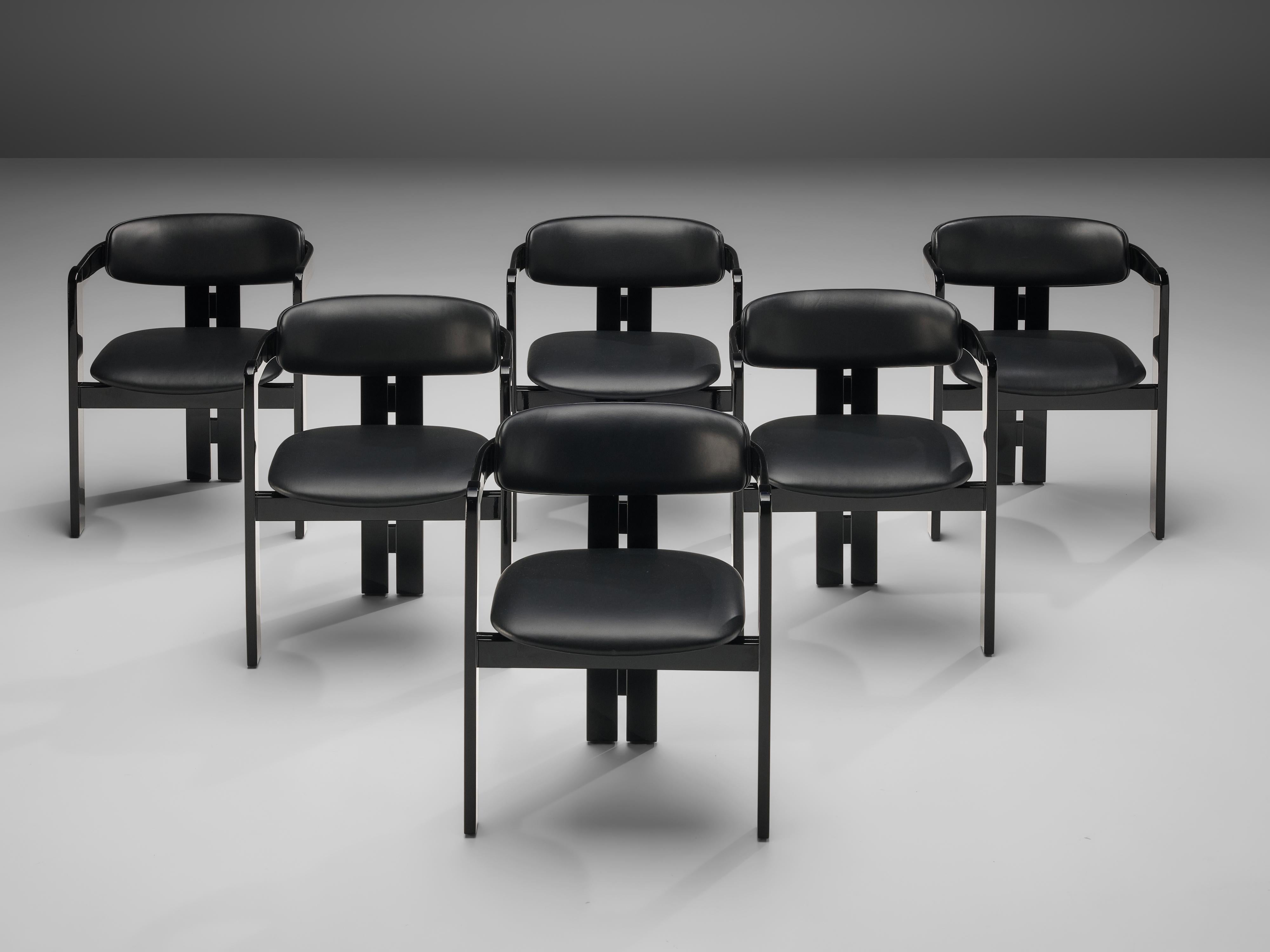 Set of six dining chairs, wood, leather, Italy, 1970s 

This set of six Italian dining chairs has a strong resemblance to Augusto Savinis 'Pamplona' chair (1965) and Afra & Tobia Scarpas 'Pigreco' chair (1959-1960) yet this design is different in