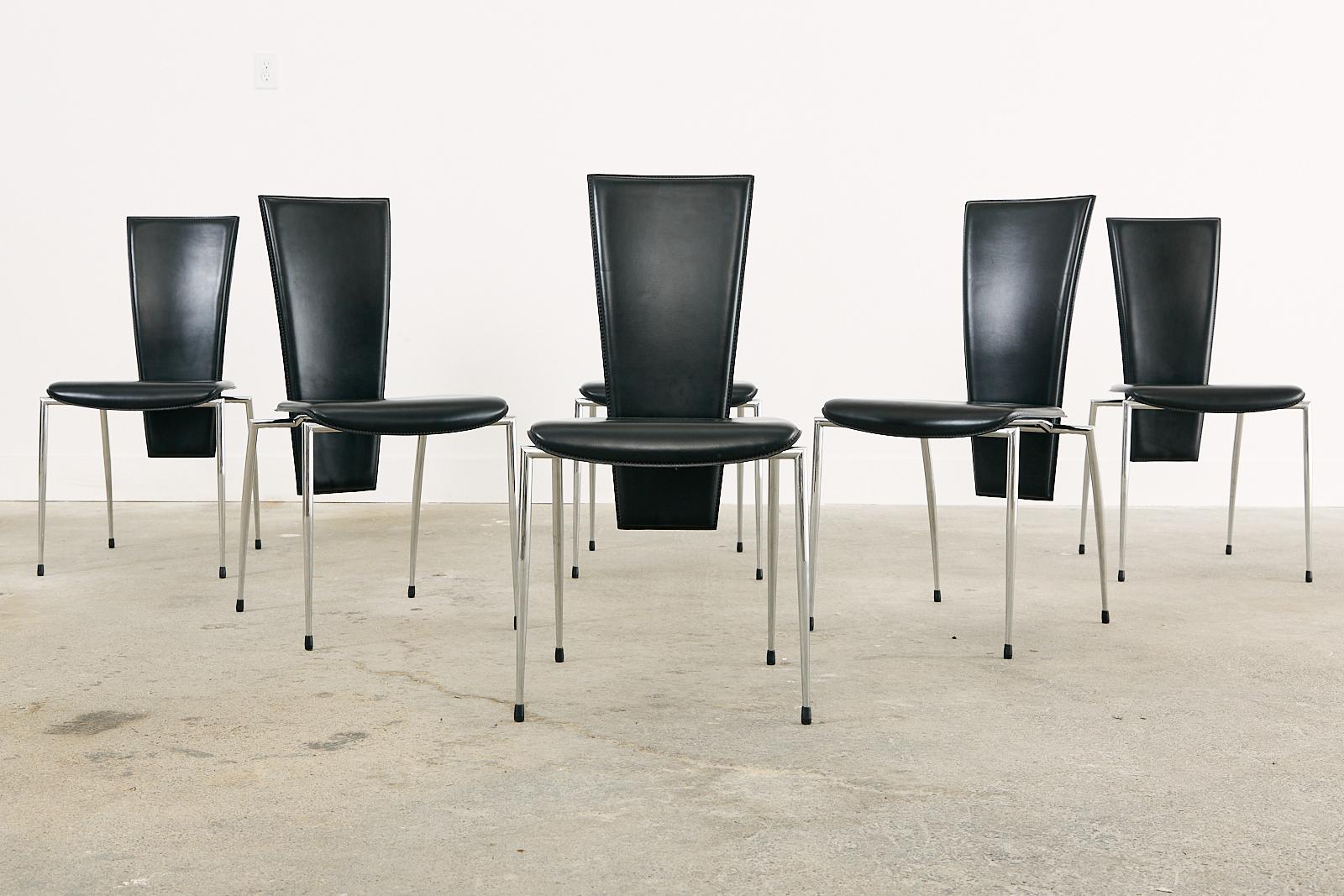 Set of Six Italian Arper Modern Leather Chrome Dining Chairs In Good Condition For Sale In Rio Vista, CA