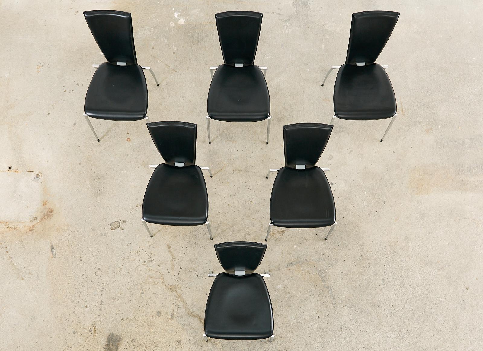 20th Century Set of Six Italian Arper Modern Leather Chrome Dining Chairs For Sale