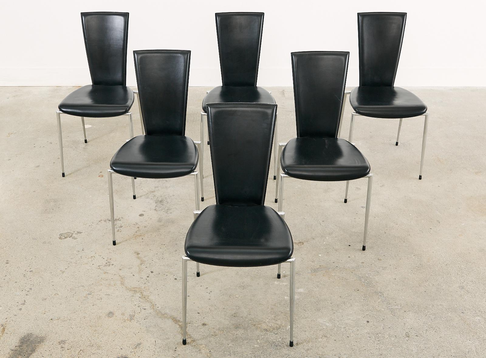 Steel Set of Six Italian Arper Modern Leather Chrome Dining Chairs For Sale