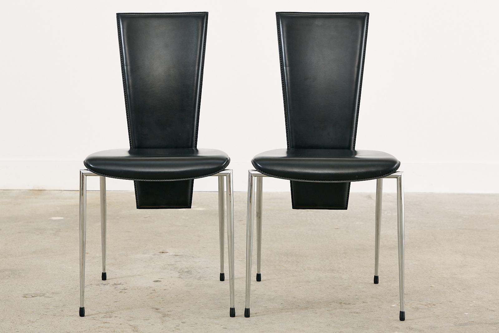 Set of Six Italian Arper Modern Leather Chrome Dining Chairs For Sale 2