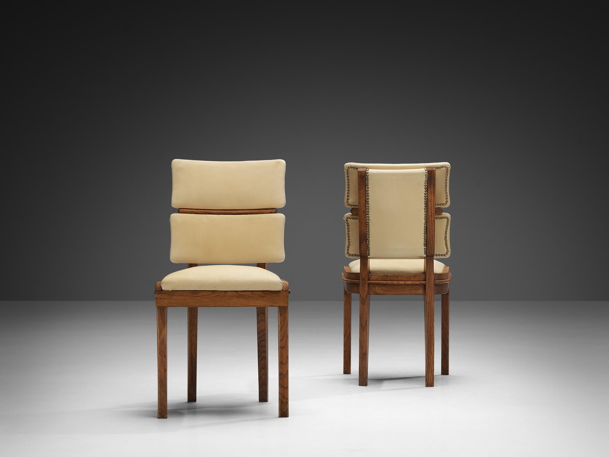 Set di sei sedie da pranzo italiane Art Deco in ottone Oak e tessuto beige chiaro in vendita 3