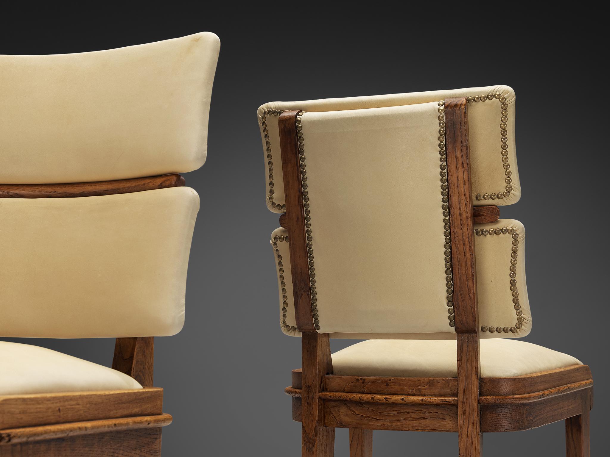 Set di sei sedie da pranzo italiane Art Deco in ottone Oak e tessuto beige chiaro in vendita 4