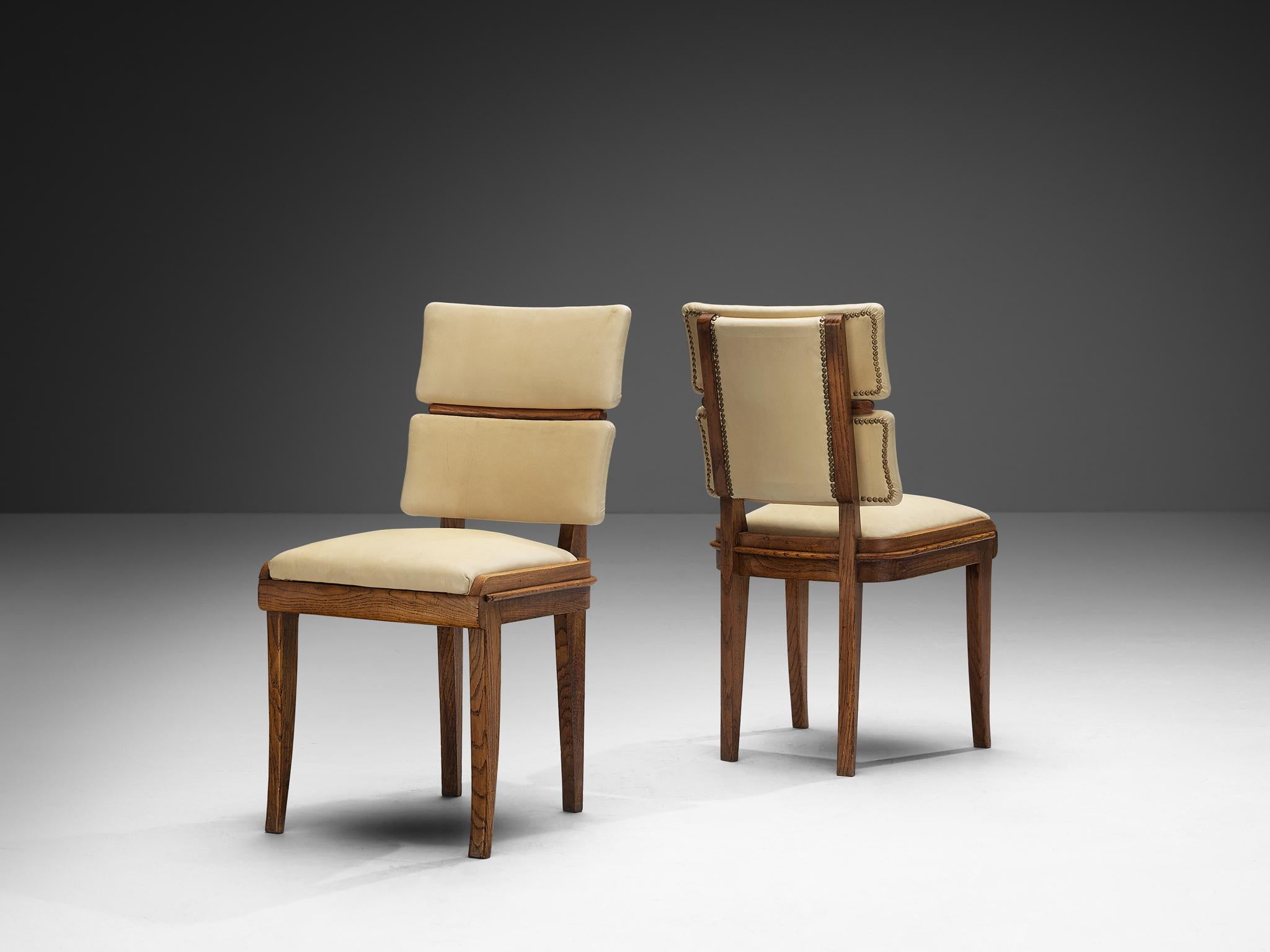 Set di sei sedie da pranzo italiane Art Deco in ottone Oak e tessuto beige chiaro in vendita 5