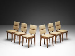 Set of Six Italian Art Deco Dining Chairs in Oak Brass & Light Beige Fabric