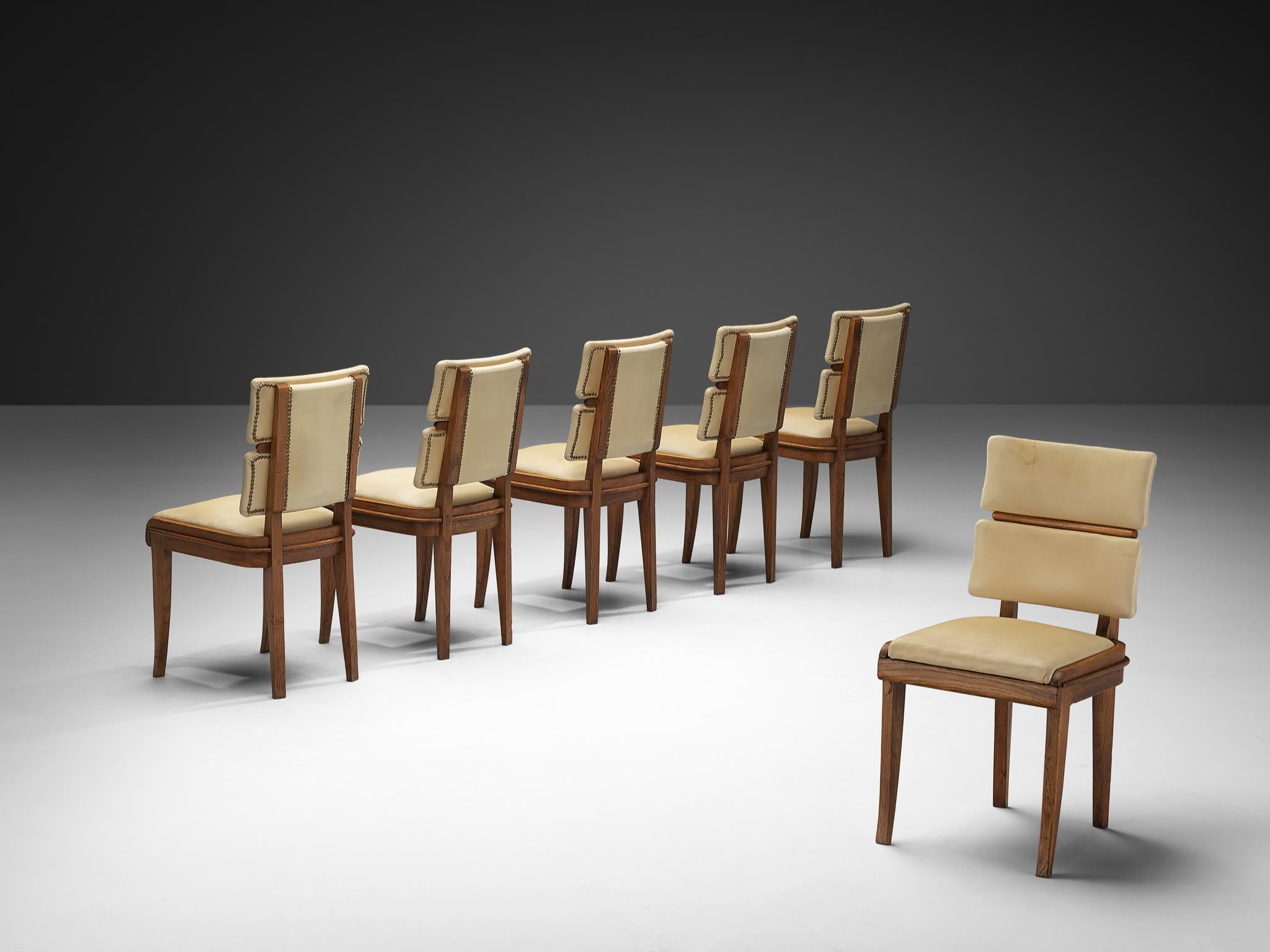 Art Déco Set di sei sedie da pranzo italiane Art Deco in ottone Oak e tessuto beige chiaro in vendita