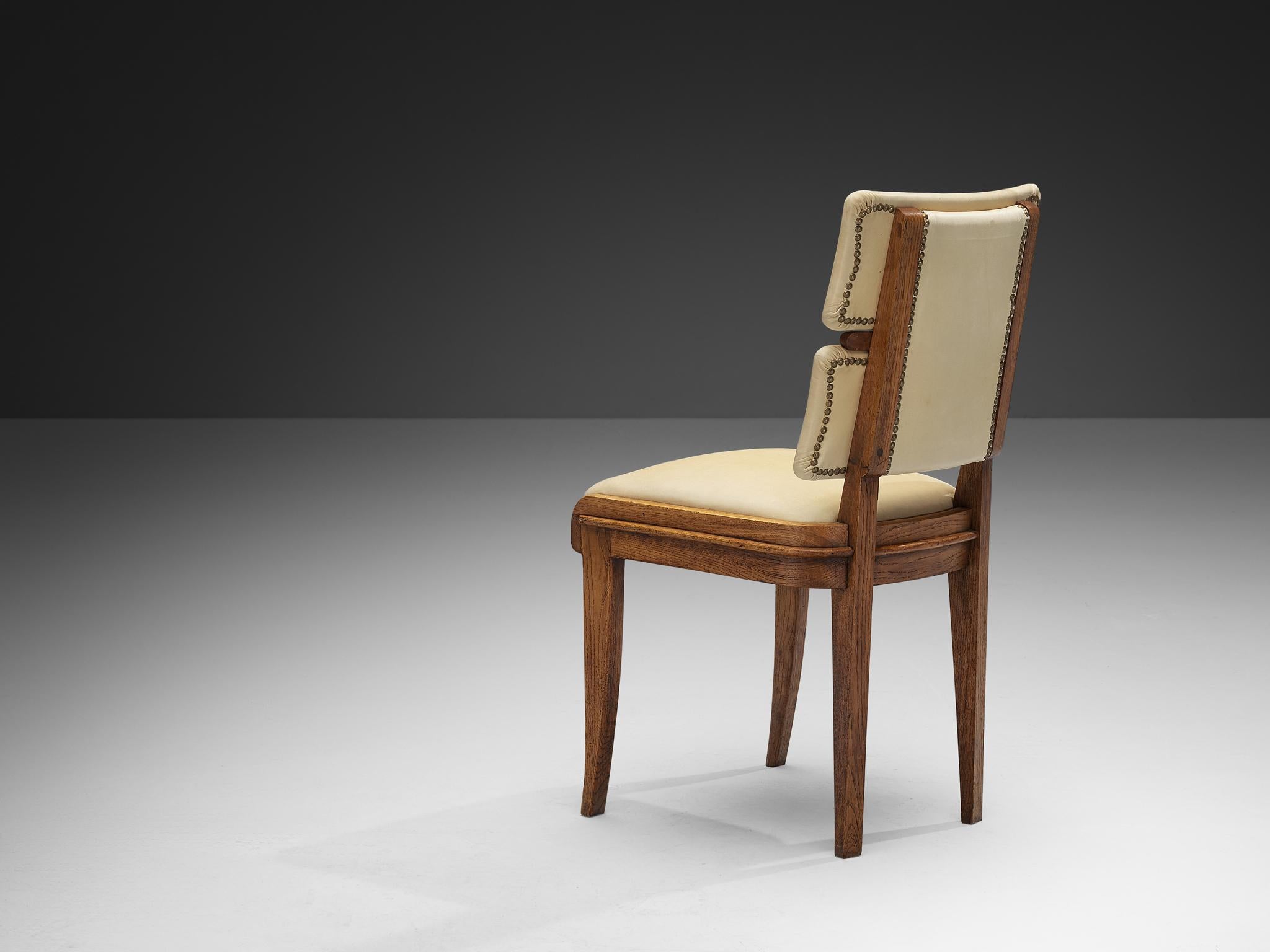 Italiano Set di sei sedie da pranzo italiane Art Deco in ottone Oak e tessuto beige chiaro in vendita