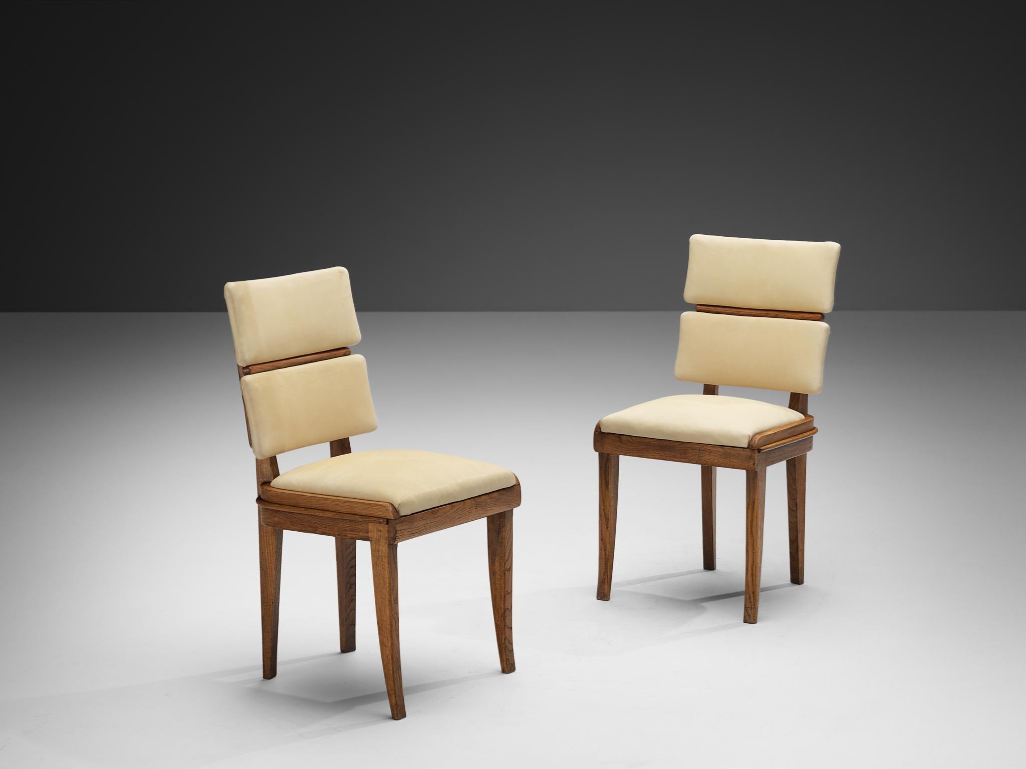 Ottone Set di sei sedie da pranzo italiane Art Deco in ottone Oak e tessuto beige chiaro in vendita