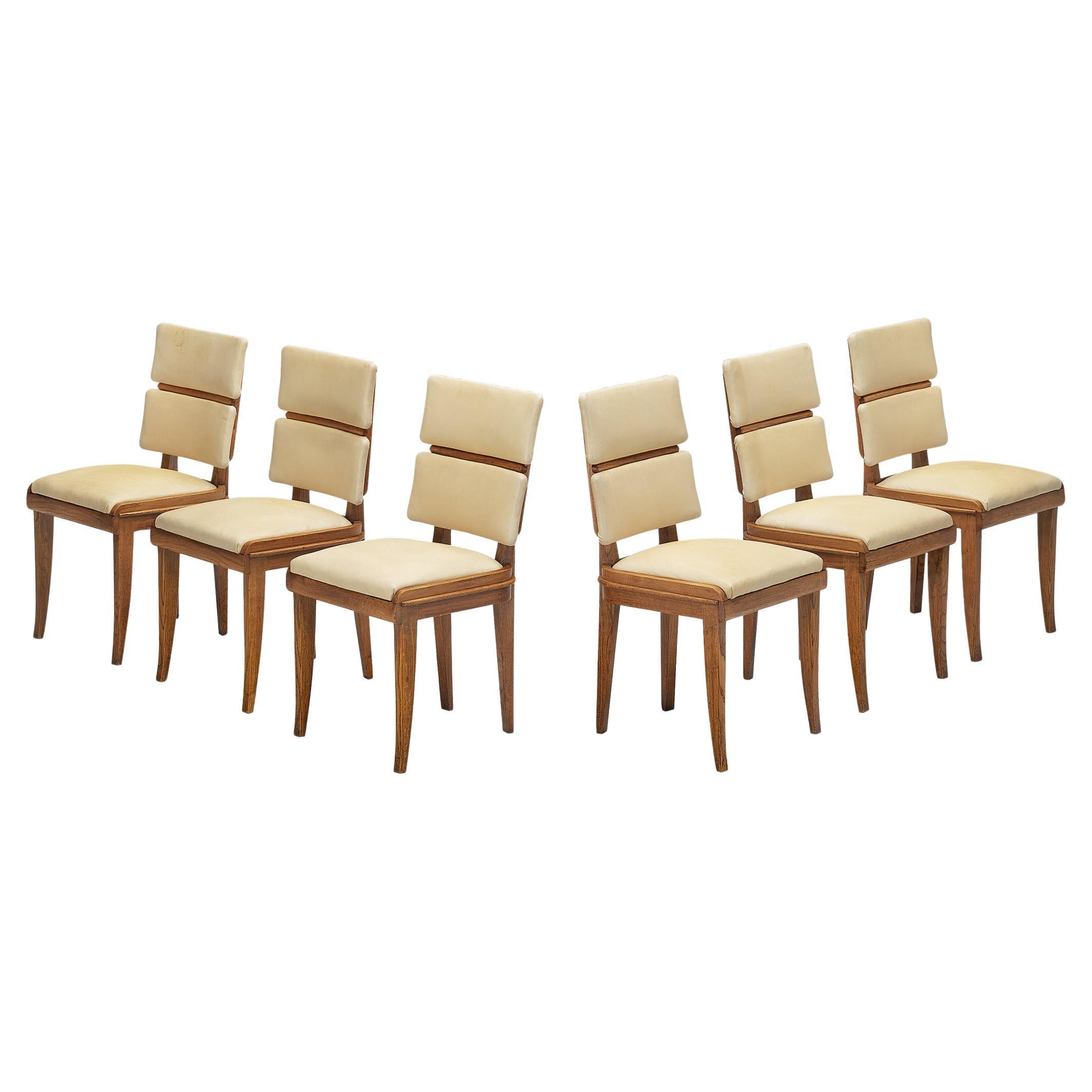 Ensemble de six chaises de salle à manger Art déco italiennes en chêne, laiton et tissu beige clair