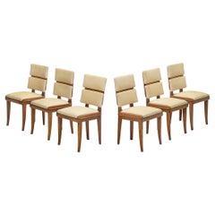 Set of Six Italian Art Deco Dining Chairs in Oak Brass & Light Beige Fabric