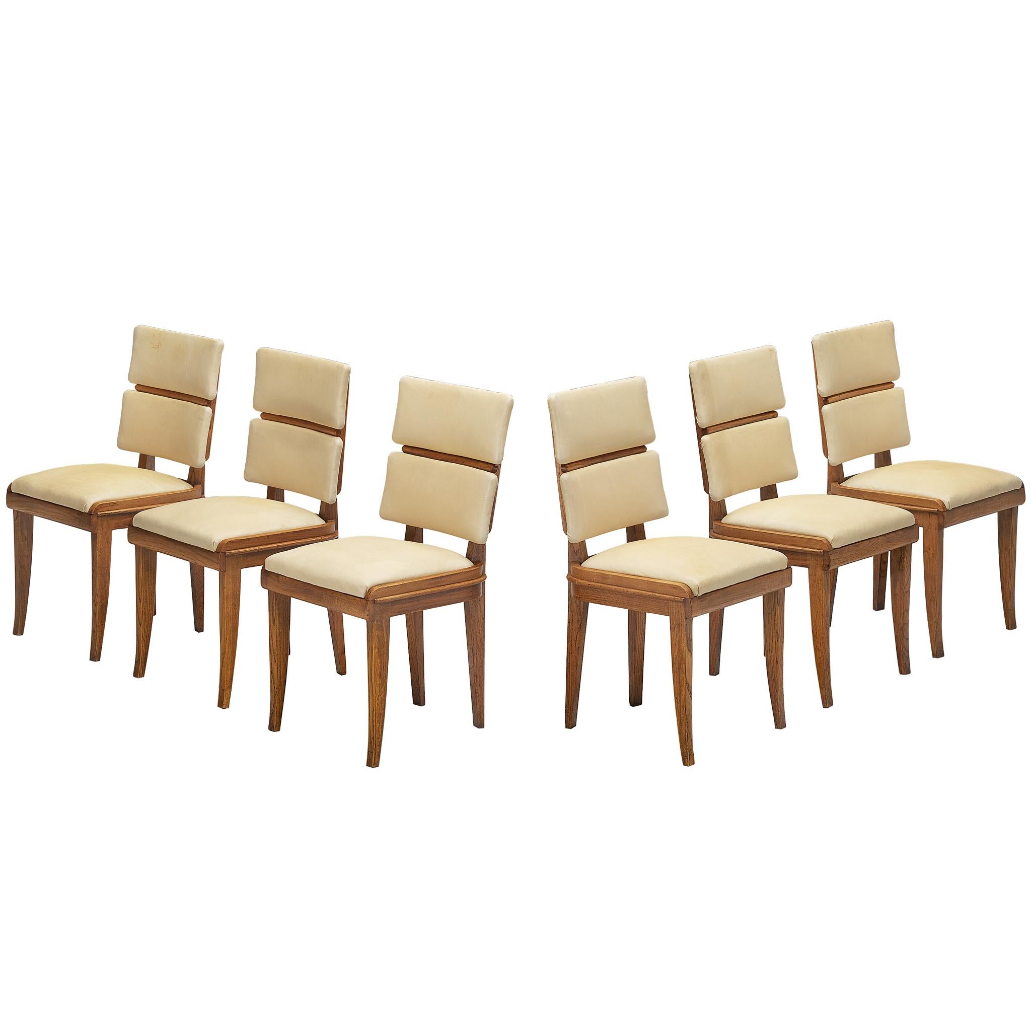 Set of Six Italian Art Deco Dining Chairs in Oak Brass & Light Beige Fabric