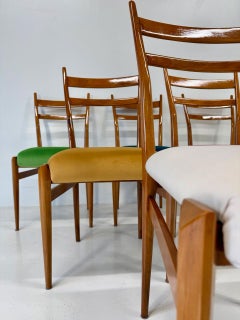 Set of Six Italian Art Deco Walnut Chairs with Colorful Velvet Seats, 1950s