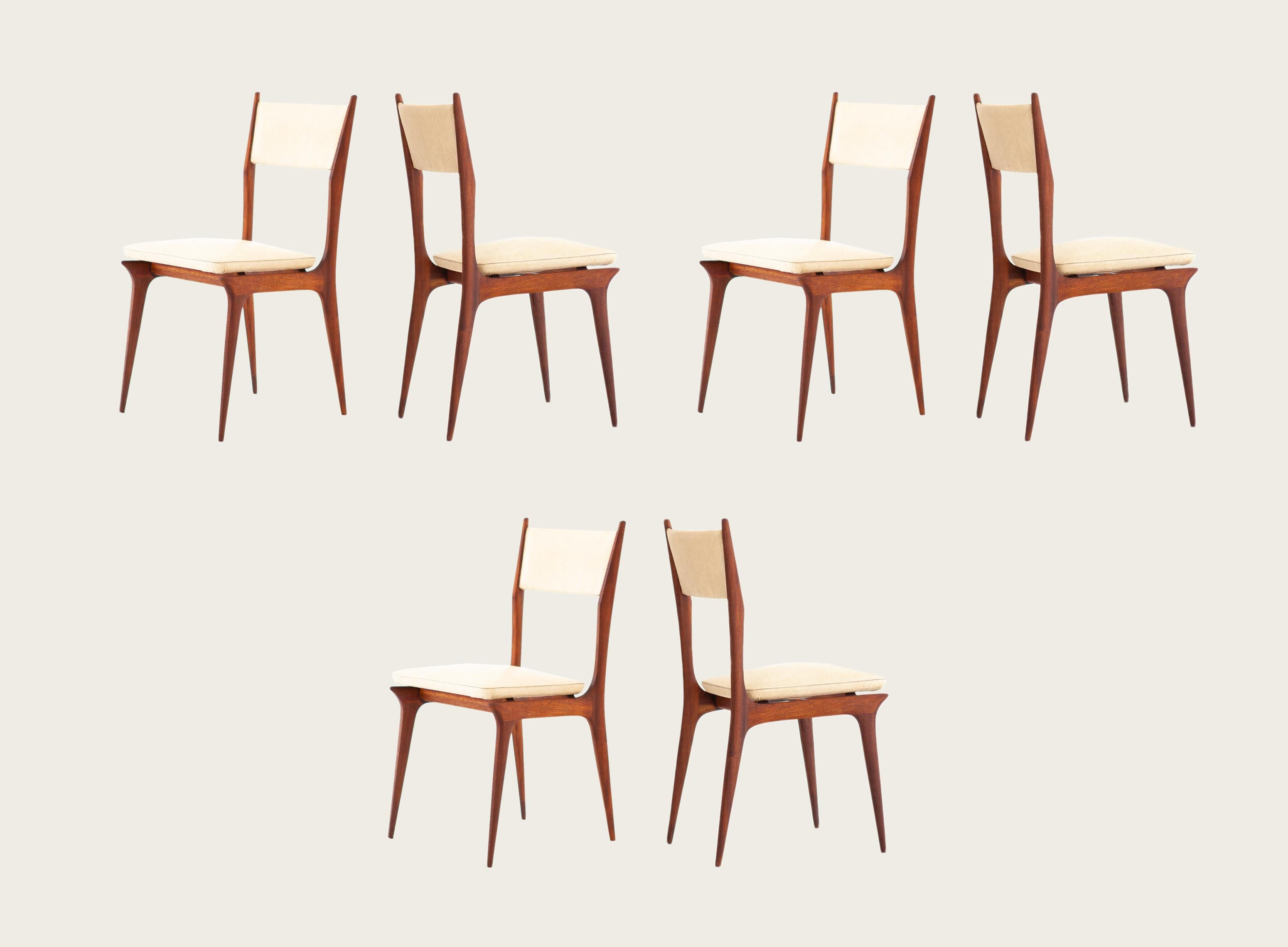 Set of Six Italian Beige Skai and Mahogany Dining Chairs, 1950s 5