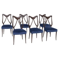 Set of Six Italian Blue Velvet Chairs Attributed to Melchiorre Bega