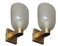 Set of Six Italian Campana Glass Sconces with Gold Circle Detail. 1980's.