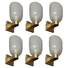 Set of Six Italian Campana Glass Sconces with Gold Circle Detail. 1980's.