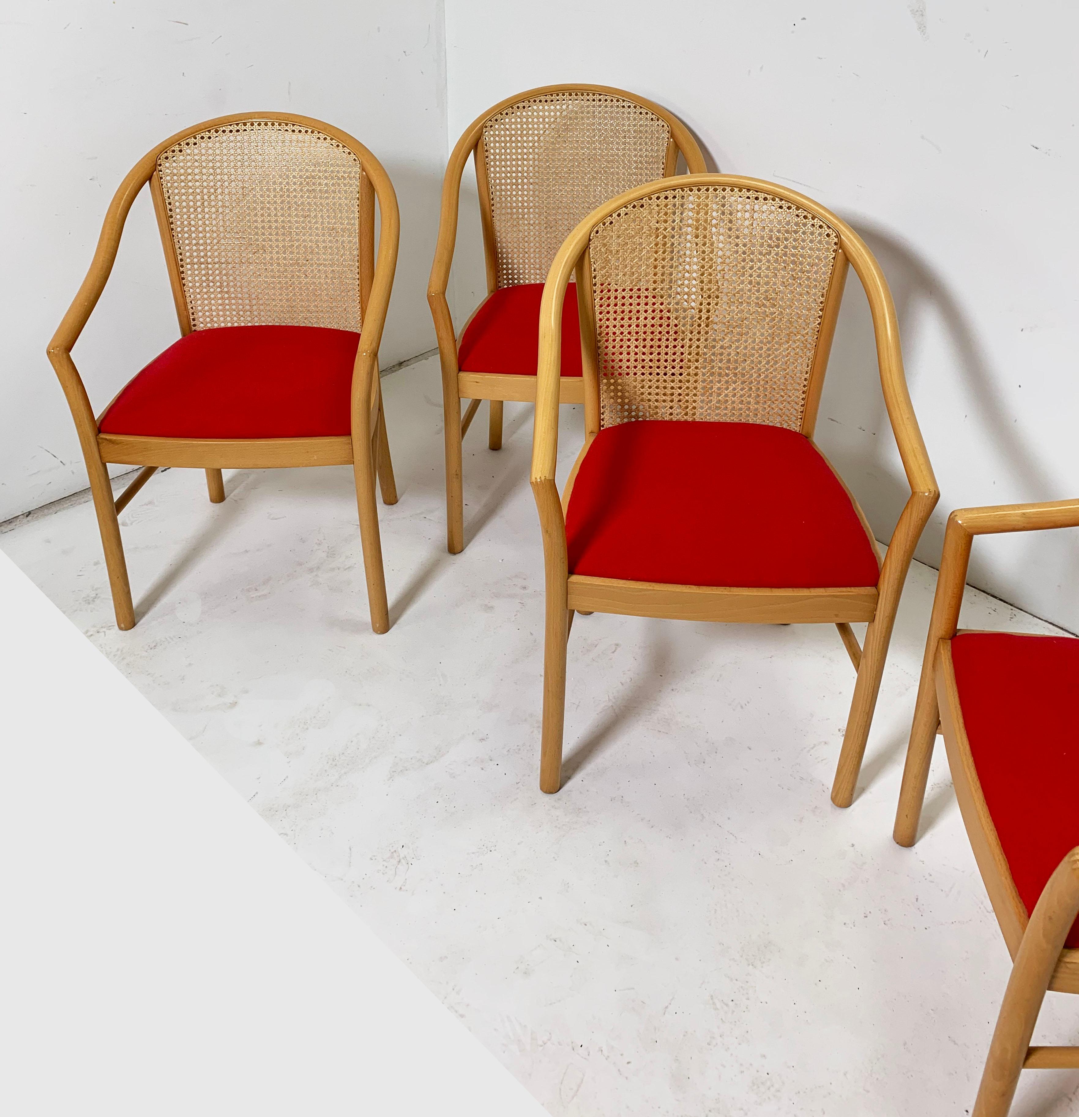 A set of six Italian dining chairs in birch with cane backs by Stendig, made in Italy and sold through Workbench, USA, circa 1980s.