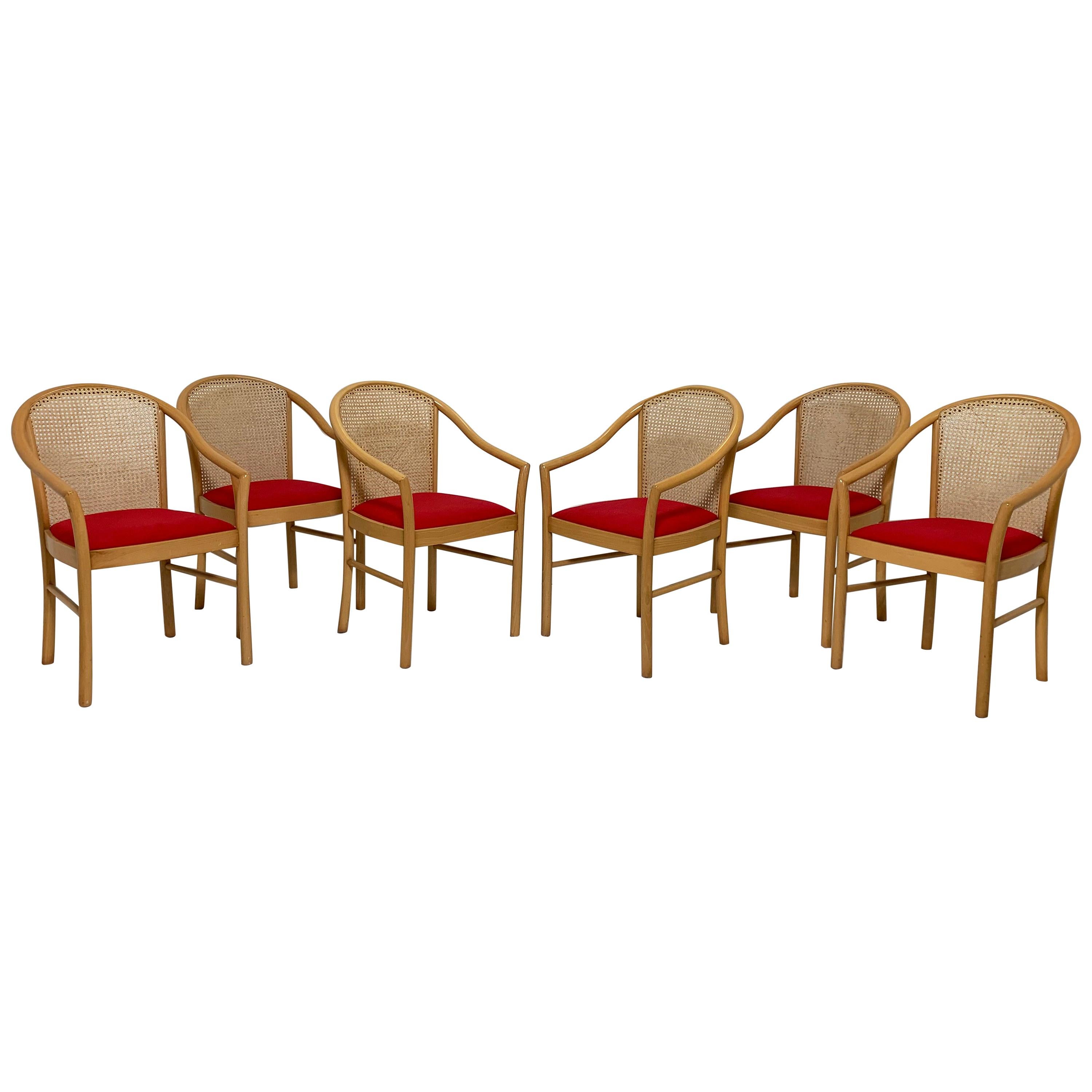 Set of Six Italian Cane Back Birch Dining Chairs, circa 1980s