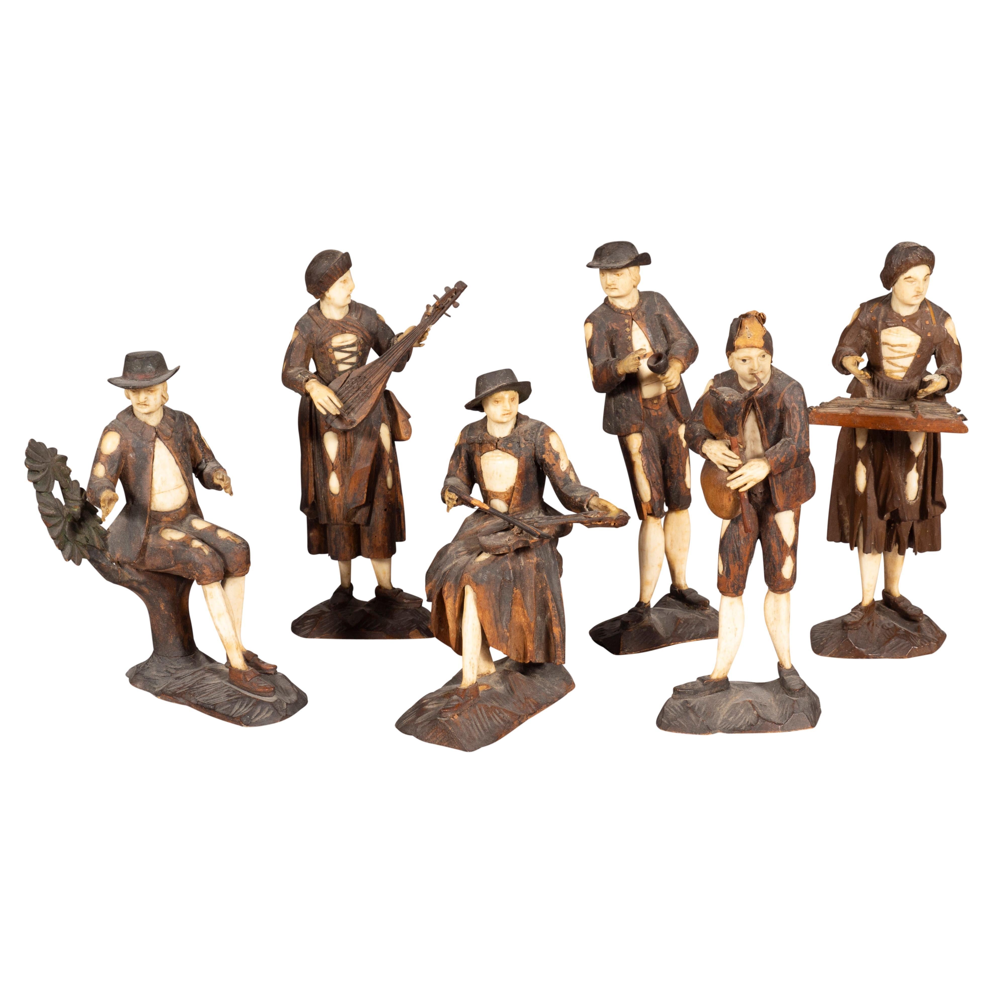 Set Of Six Italian Carved Wood And Bone Peasant Musicians For Sale