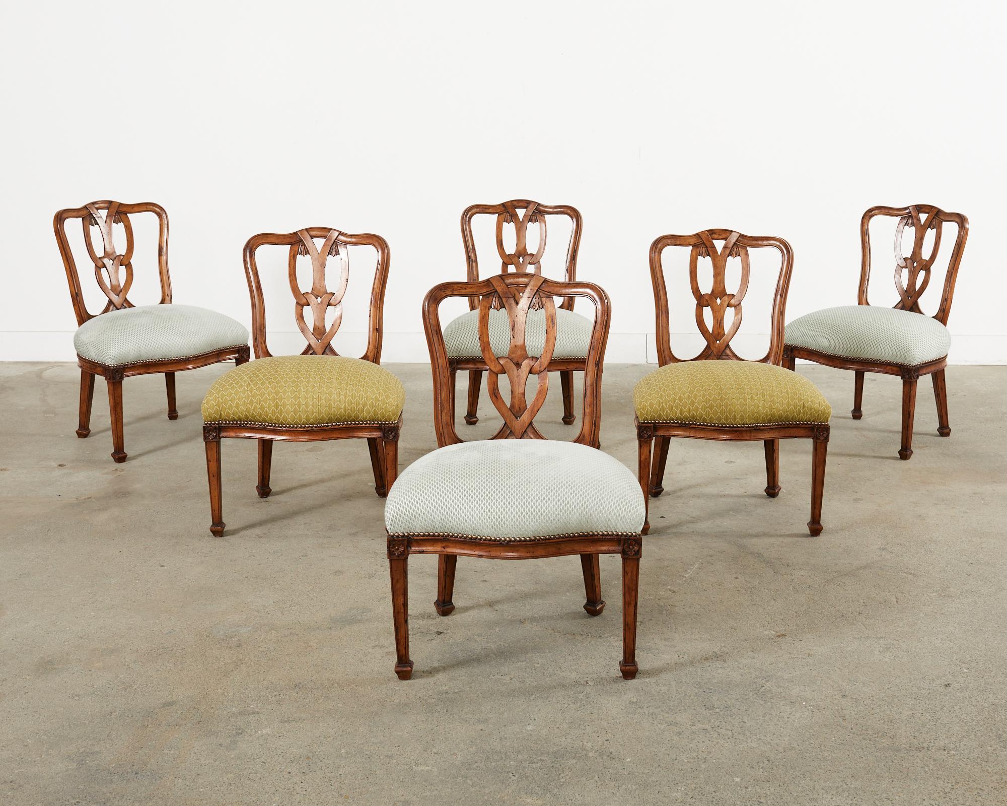Hand-Crafted Set of Six Italian Chippendale Style Walnut Dining Chairs For Sale
